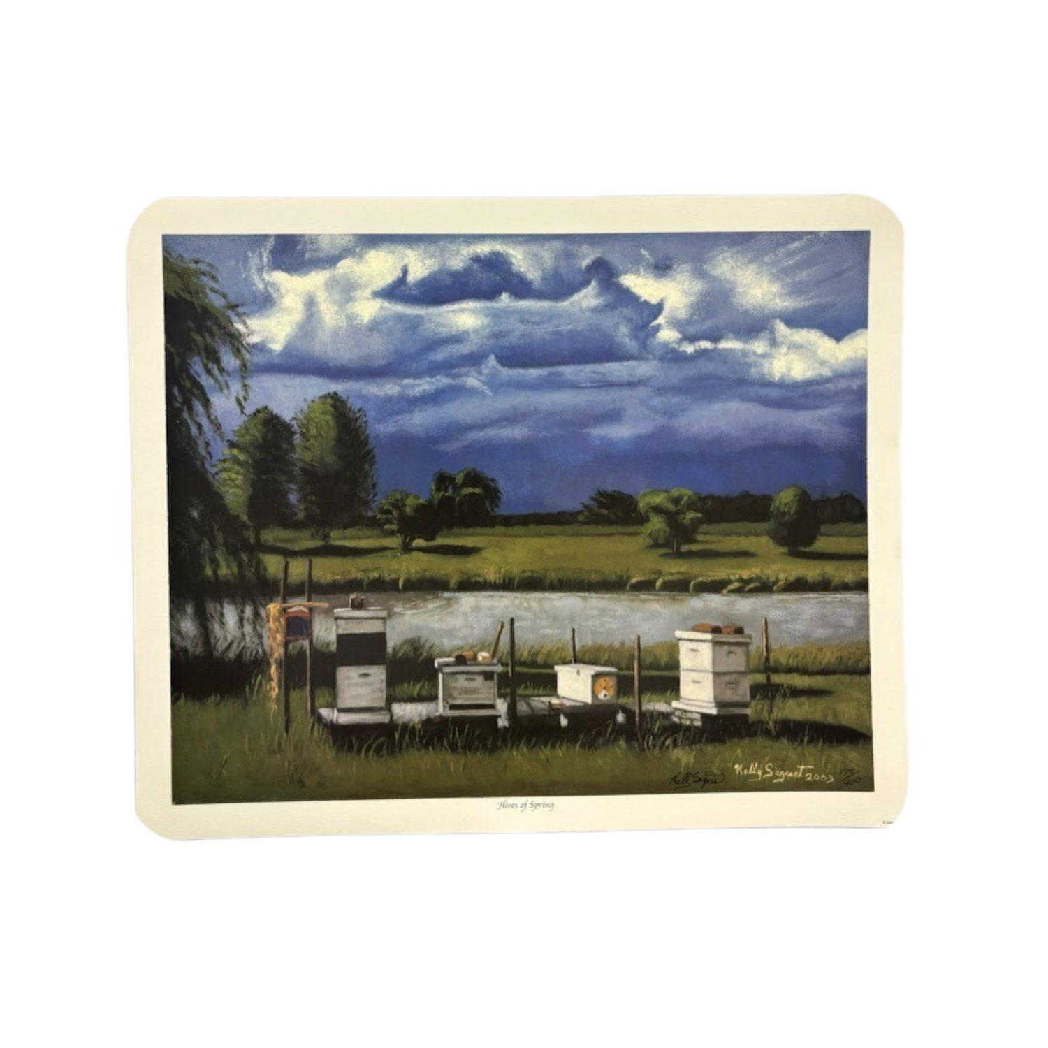 Painting of bee hives by a river with a scenic landscape
