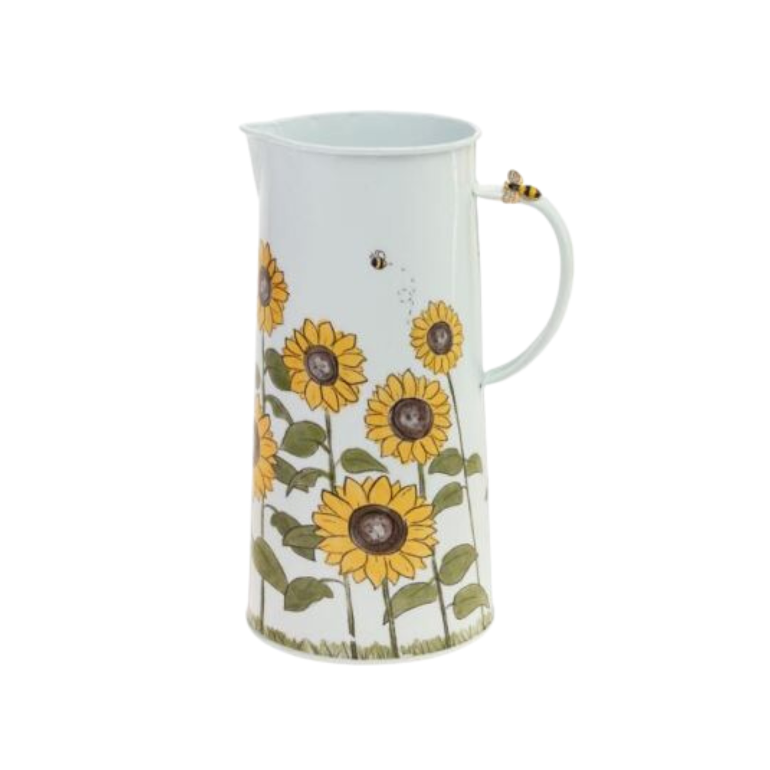 White pitcher with sunflower design on a white background