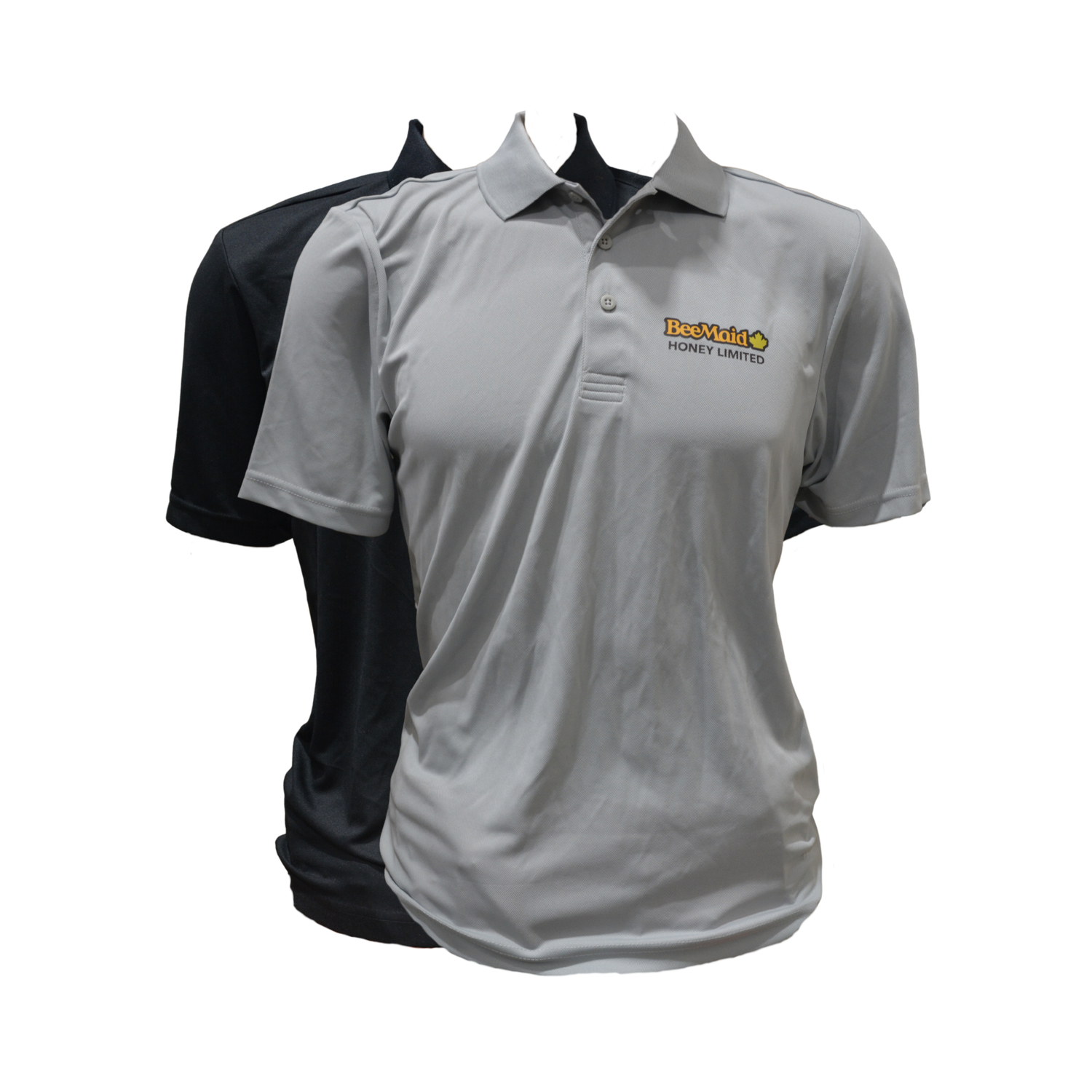Gray and black polo shirts with a BeeMaid logo on a white background