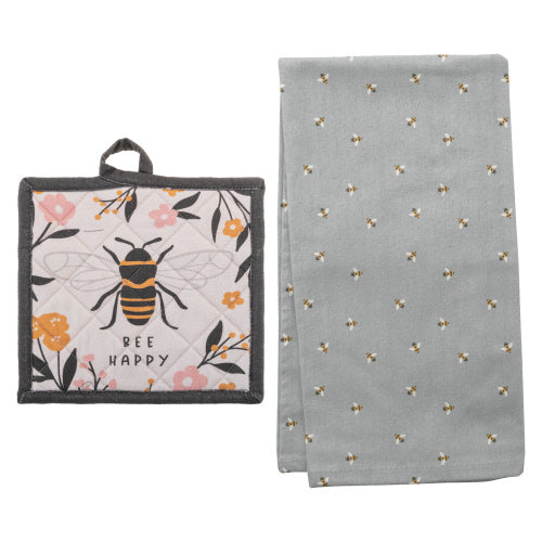 A set consisting of a multicolored pot holder with a bee design and a gray tea towel with a subtle bee pattern on a white background