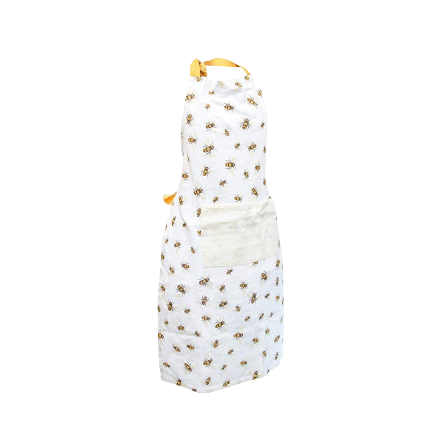 White apron with gold bee pattern on a white background