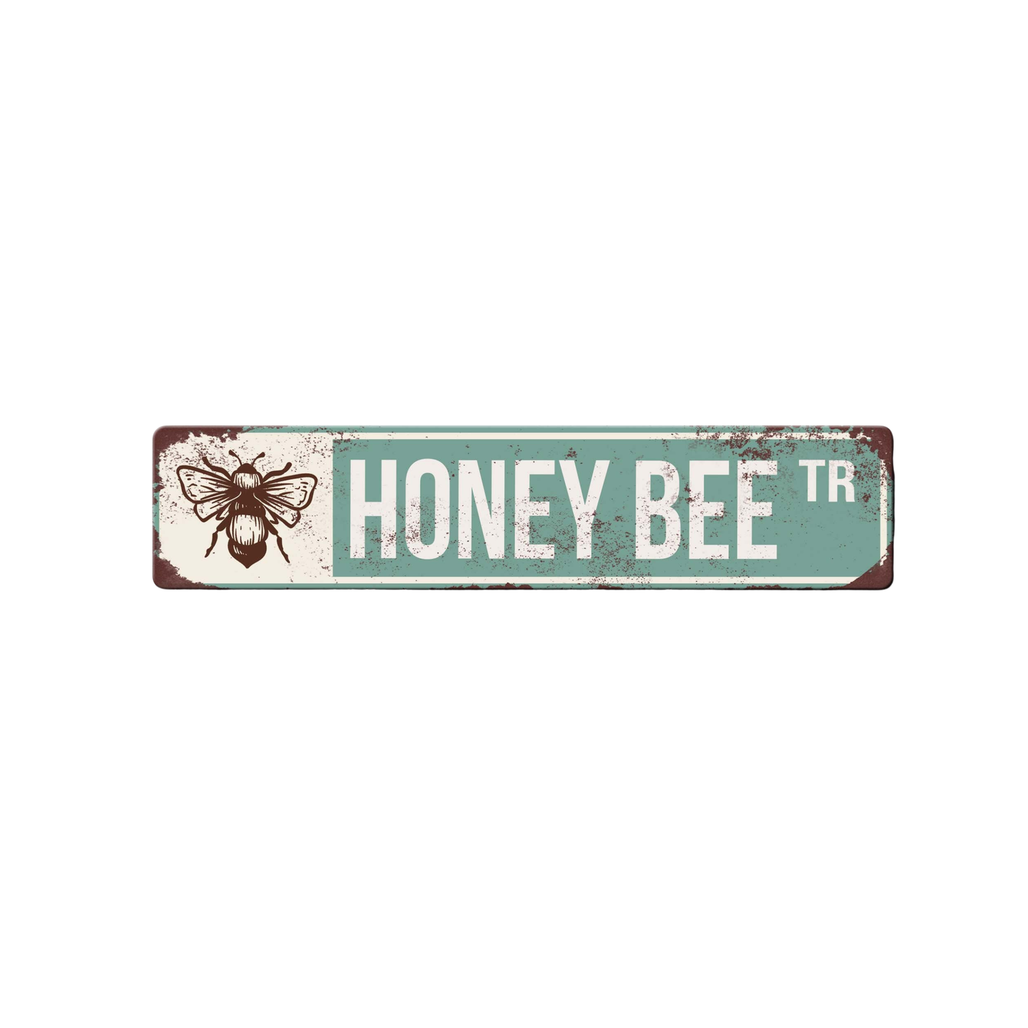 Vintage-style street sign with a bee illustration and 'Honey Bee Tr' text on a white background