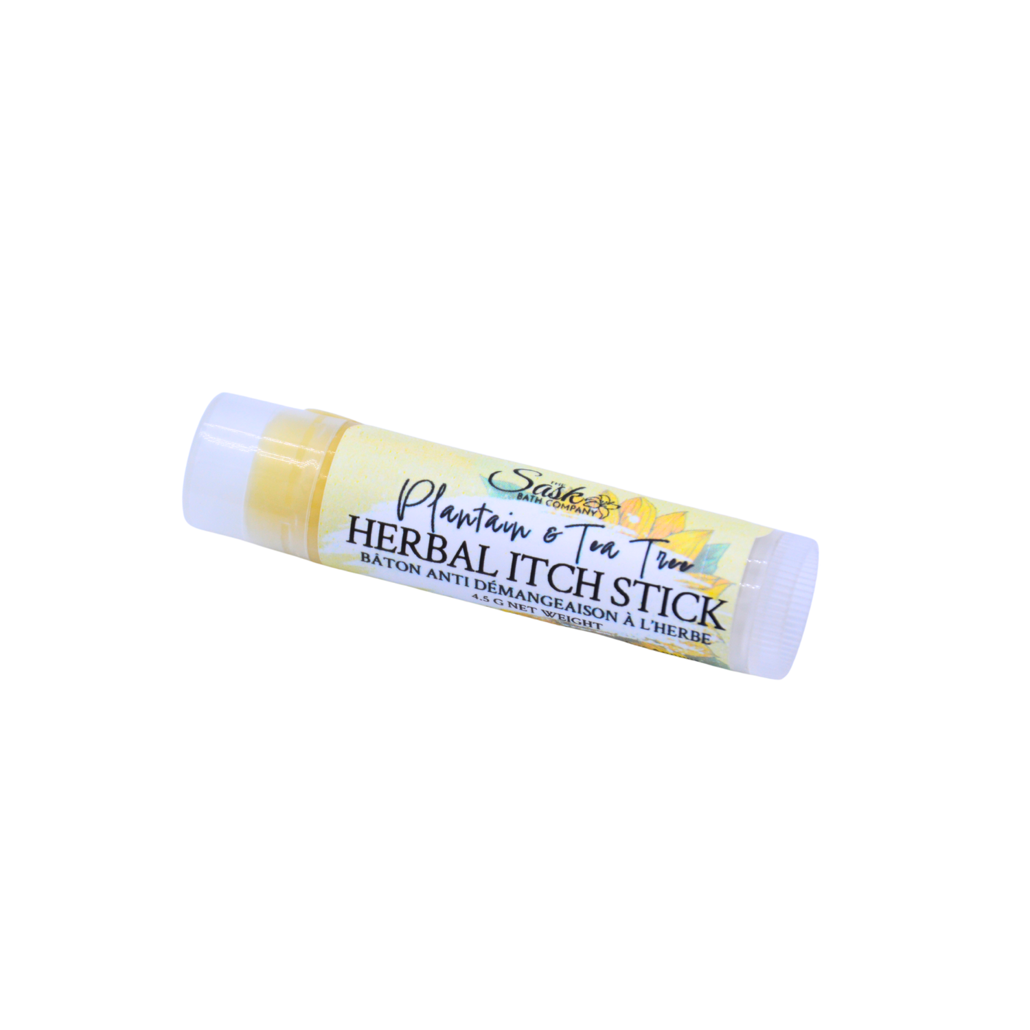 A container of Sask Bath Co's Plaintain & Tea Tree Herbal Itch Stick with yellow accents on a white background