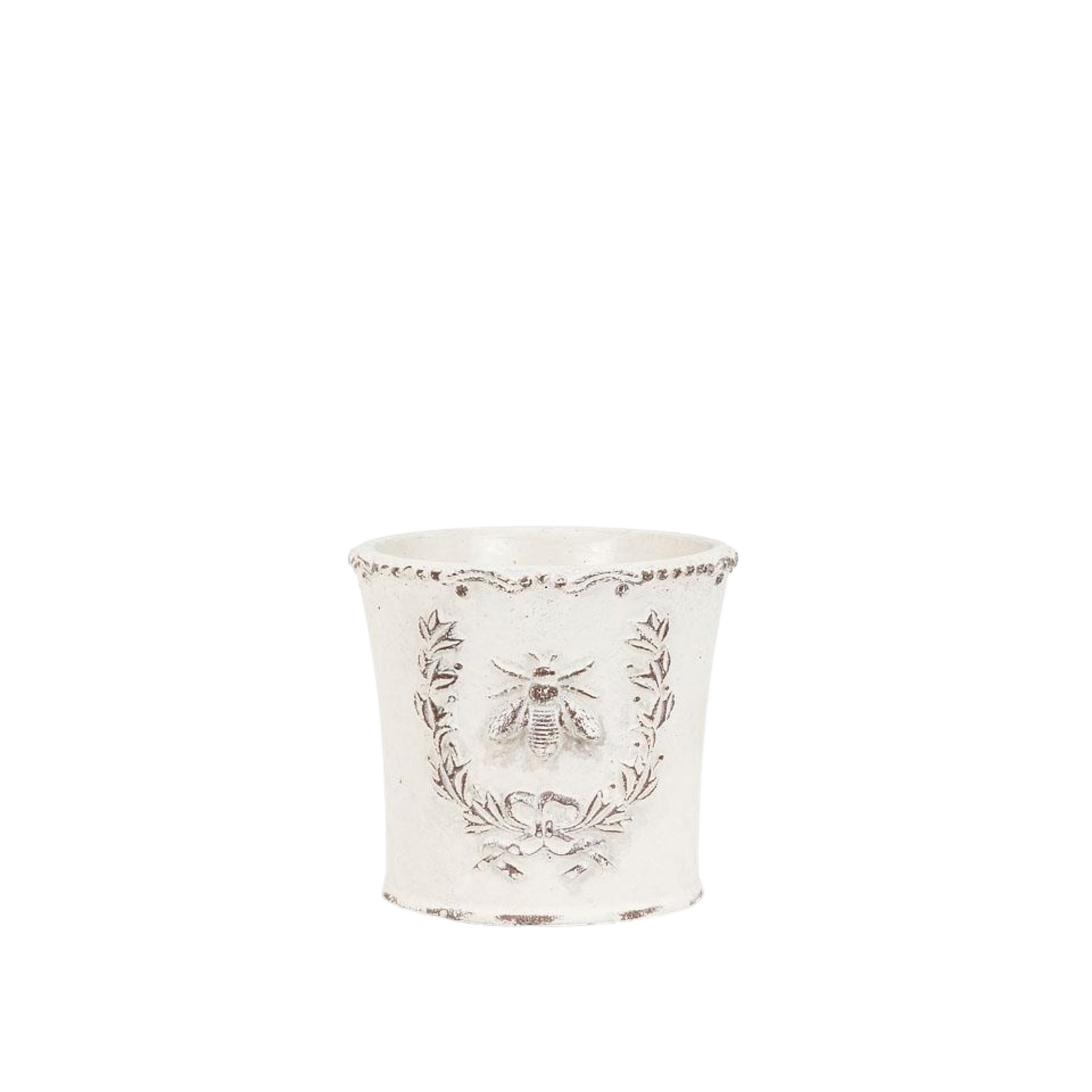 Small, decorative white planter with black floral and bee design on a white background