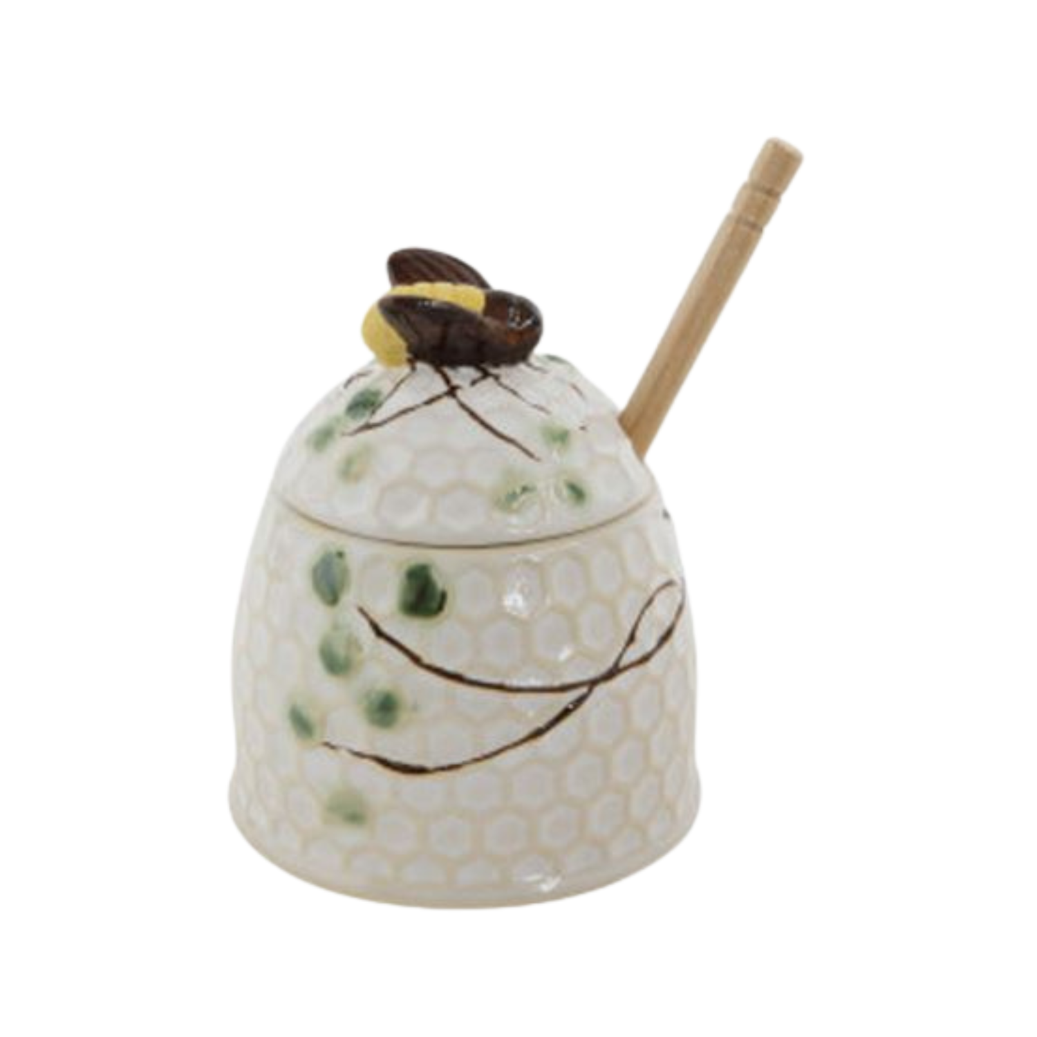 Ceramic honey pot with honeycomb design and a bee on top, featuring a wooden dipper on a white background