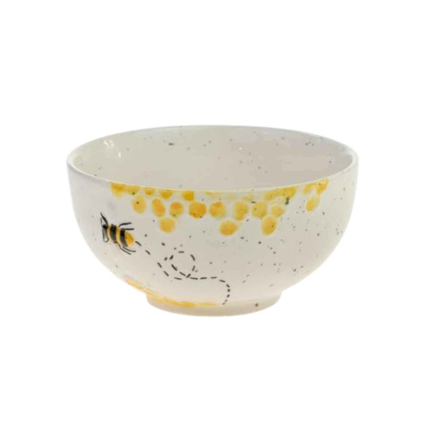 Cream-colored ceramic bowl with speckled finish, featuring a hand-painted honeycomb pattern in yellow along the rim and a small illustrated bee with a dotted flight path on the side.