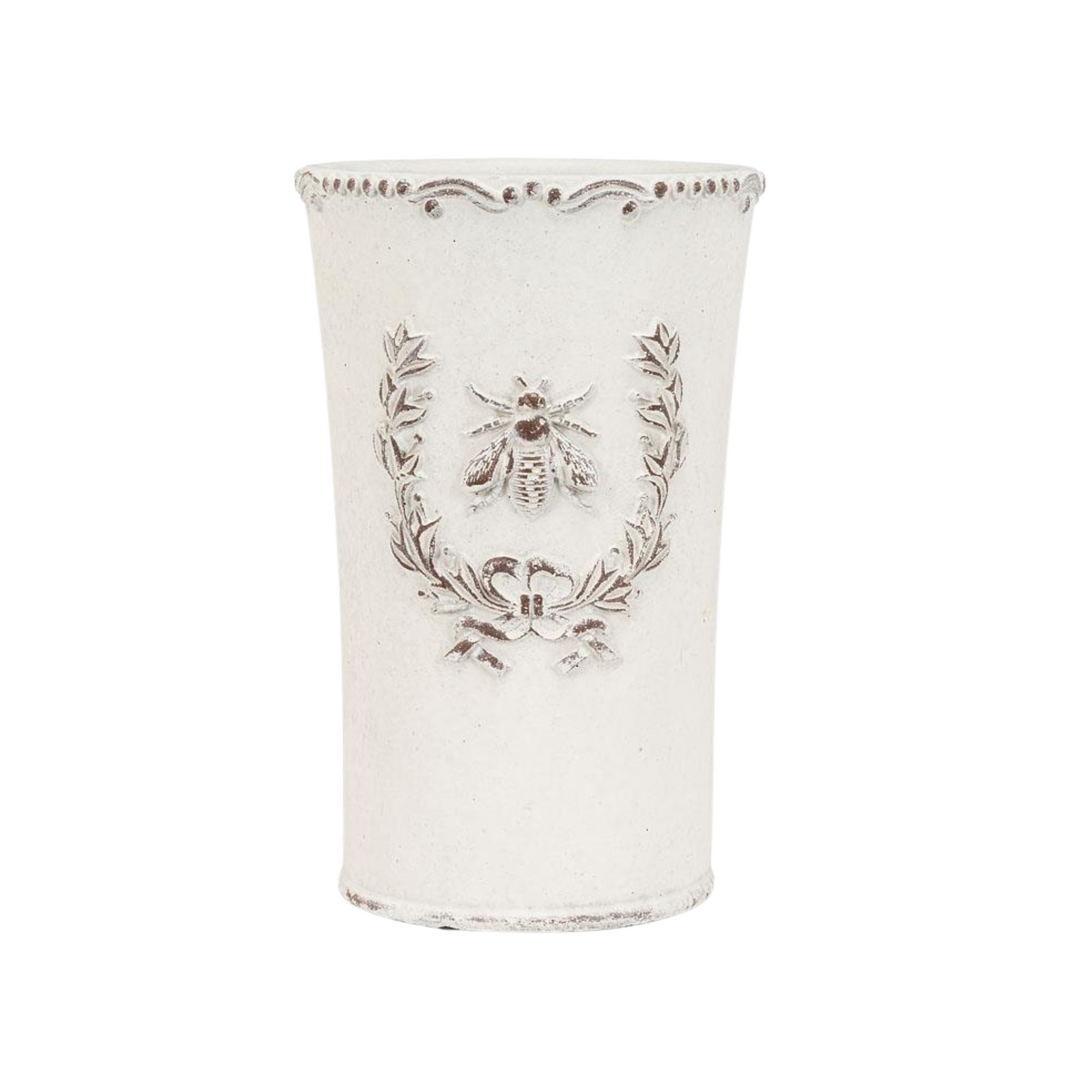 Tall, decorative white planter with black floral and bee design on a white background