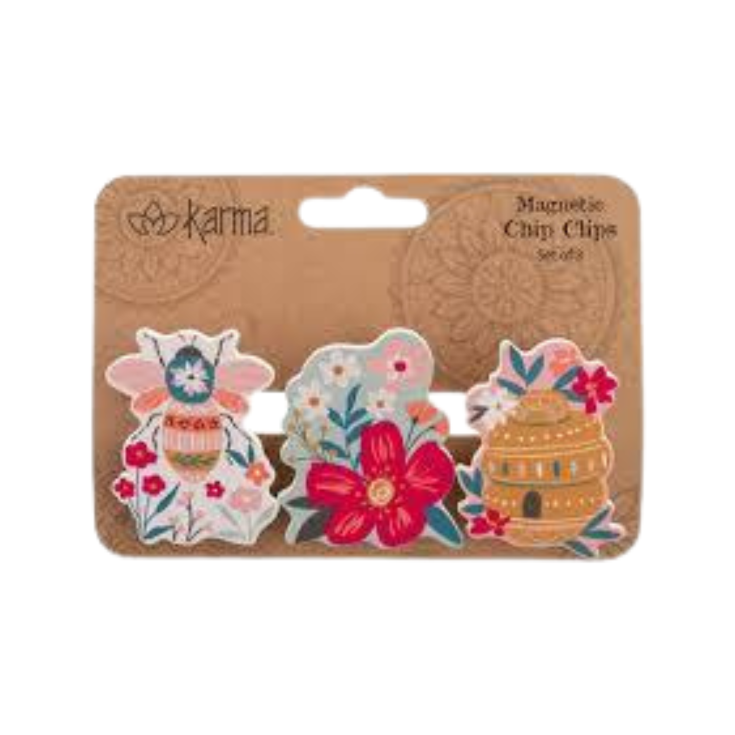 A set of three decorative magnetic chip clips with colorful floral and bee-themed designs, packaged on a brown kraft-style backing card. The clips feature illustrations including a bee with flowers, a cluster of flowers, and a beehive.