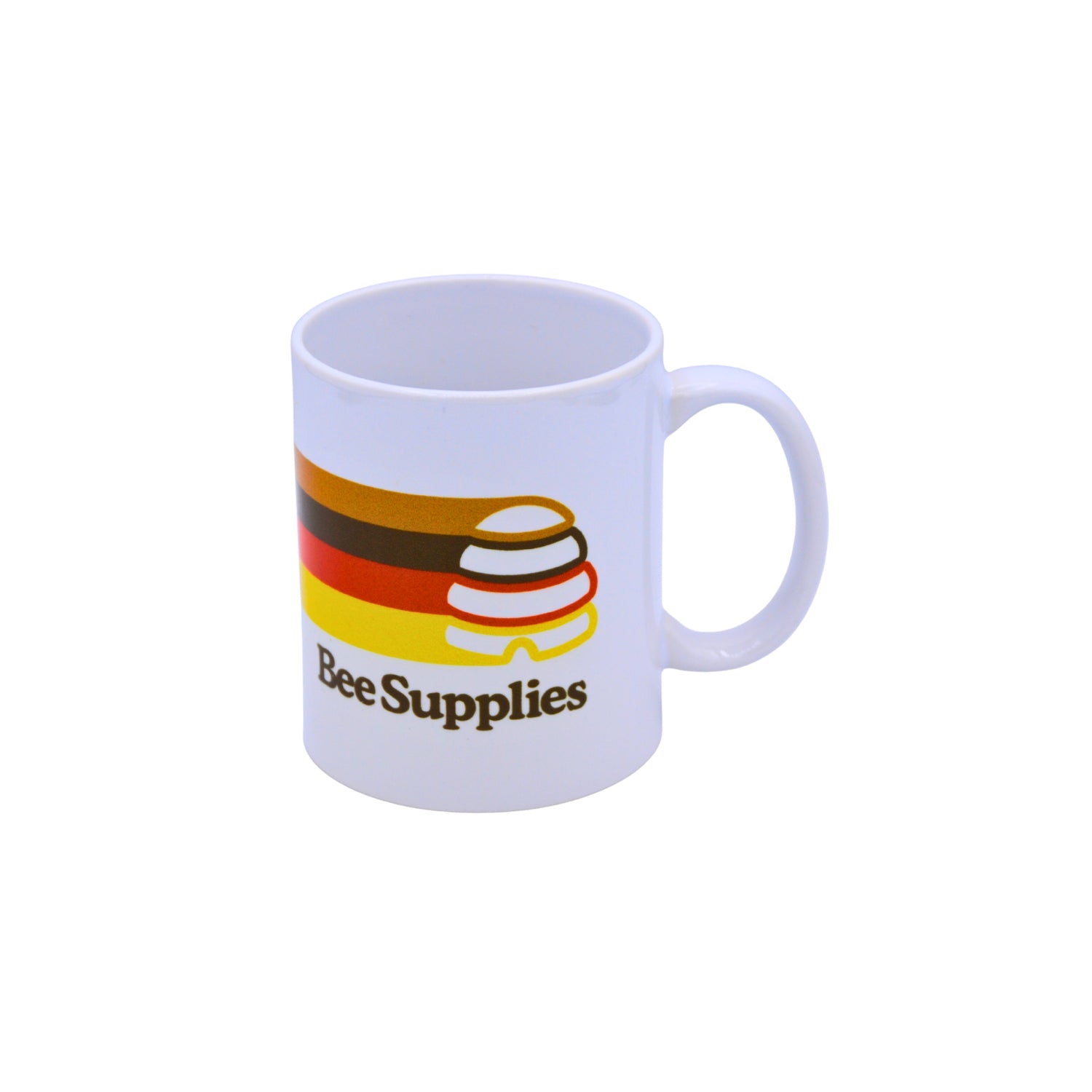 A white mug with a Bee Supplies graphic on it on white background