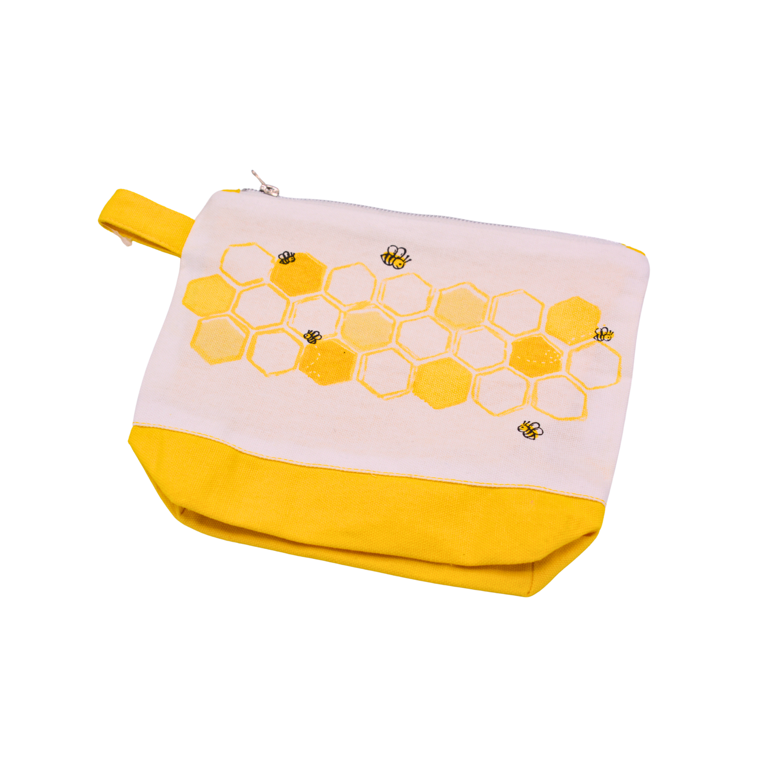 A white accessory bag with yellow accents and a zipper closure on top on a white background