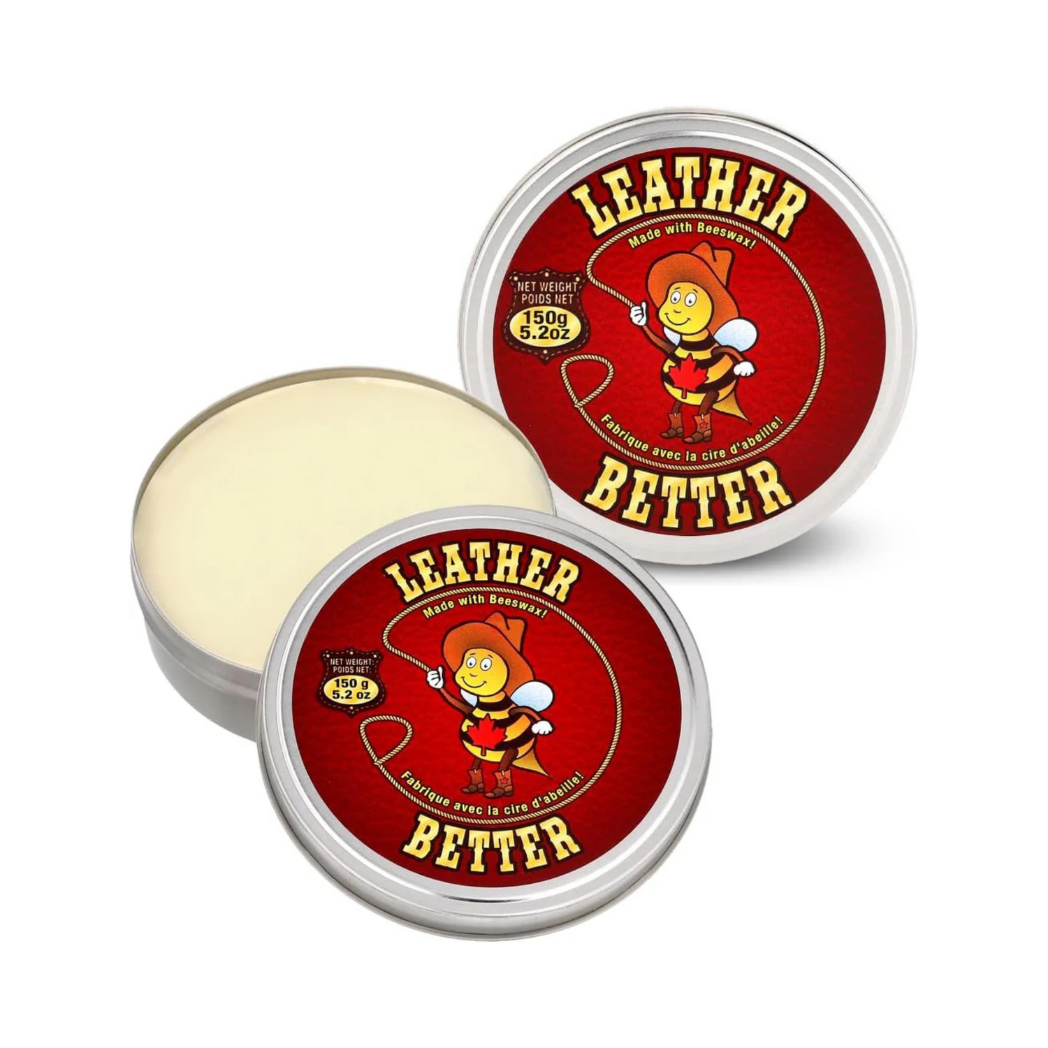 An open container of Leather Better conditioner with a solid white substance inside. The lid features a red background with the Leather Better logo and text on a white background