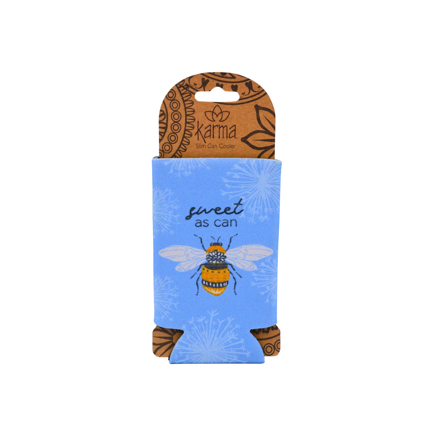 A blue koozie sleeve with a cartoon bee graphic and the text 'sweet as can' on the front, attached to a brown cardboard hanger with mandala-style patterns and the brand name 'karma'.