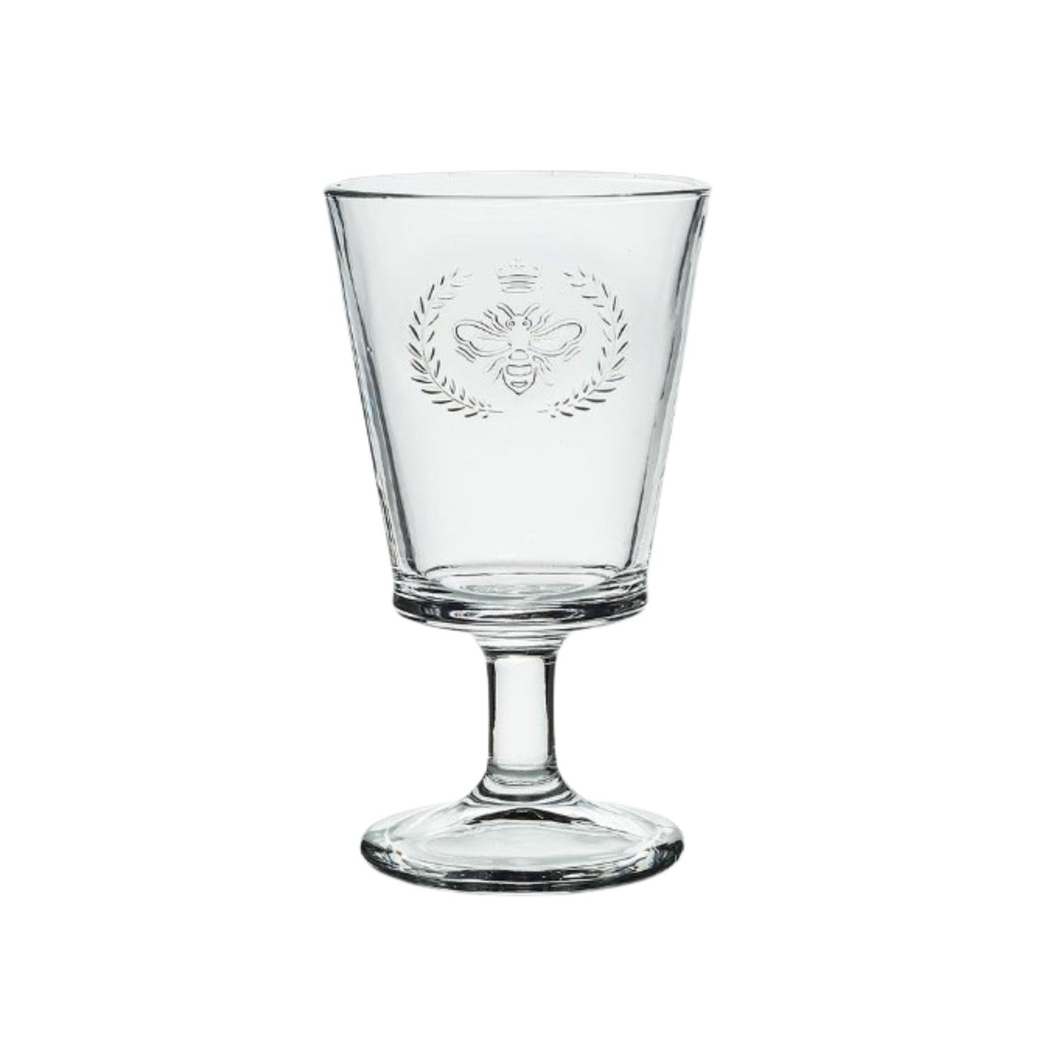 A clear glass goblet with a flared bowl, slender stem, and wide circular base. The front of the bowl features an embossed design of a bee surrounded by a laurel wreath and a small crown above it.