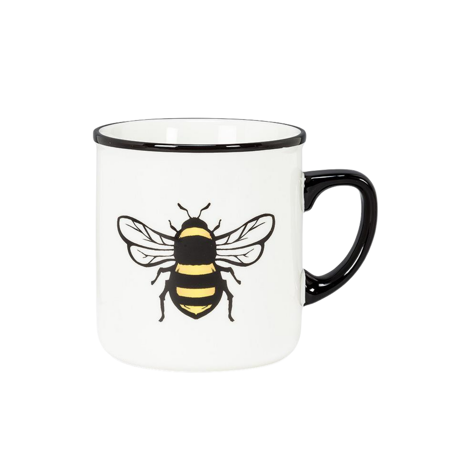 A white mug with a black and yellow bee design centred.