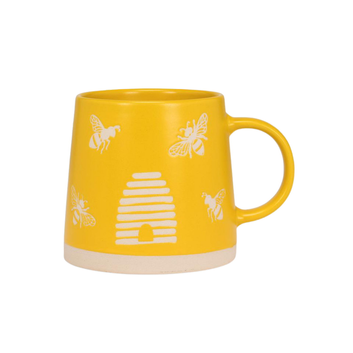 A yellow, wide base mug with a beehive and bees design.