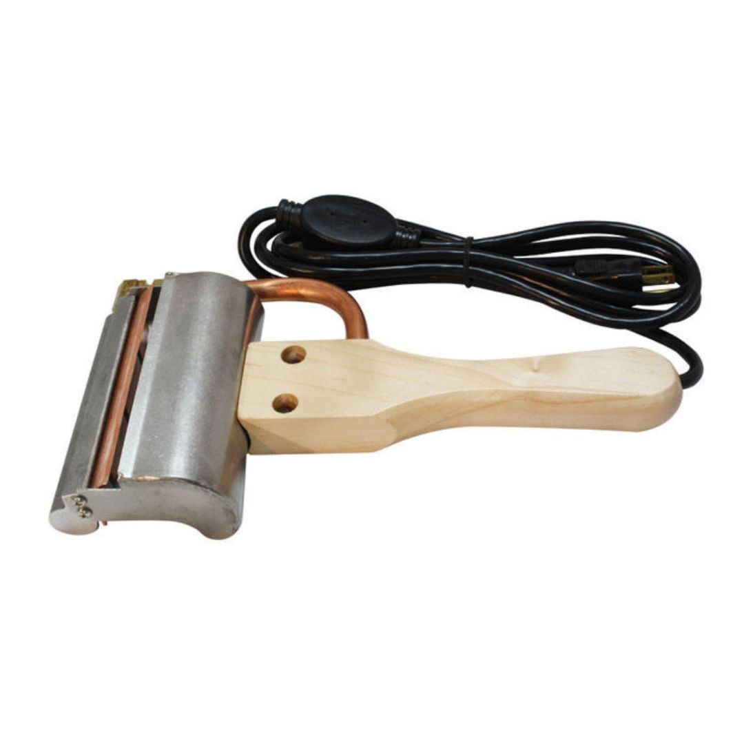 An electric uncapping plane with a wooden handle and copper blades, including a power cord.