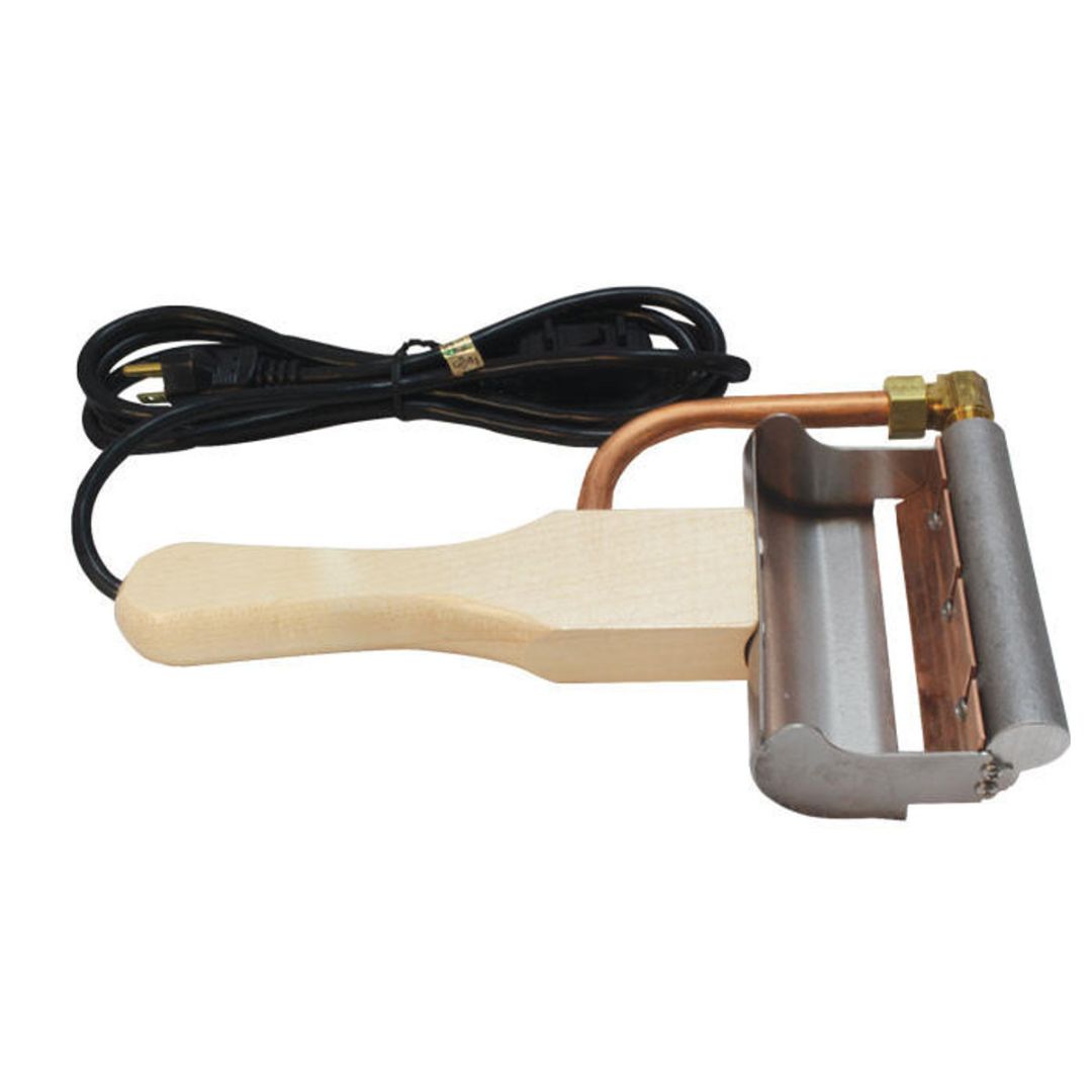 An electric uncapping plane with a wooden handle and copper blades, including a power cord.