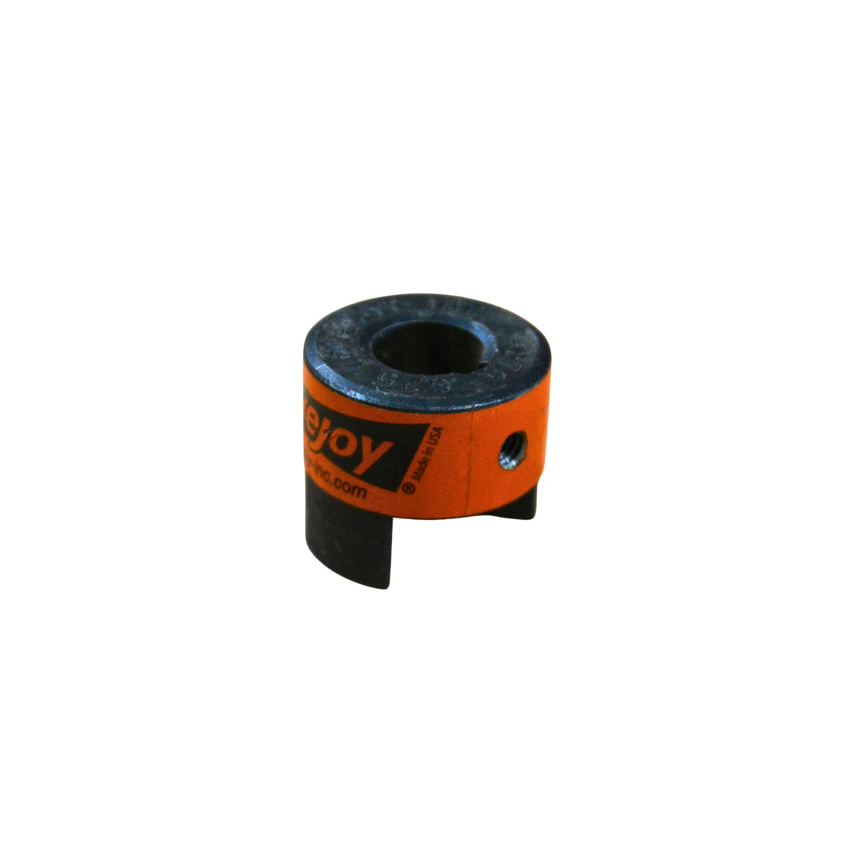 A metal circle rimmed by an orange piece of paper advertising its manufacturer on a white background