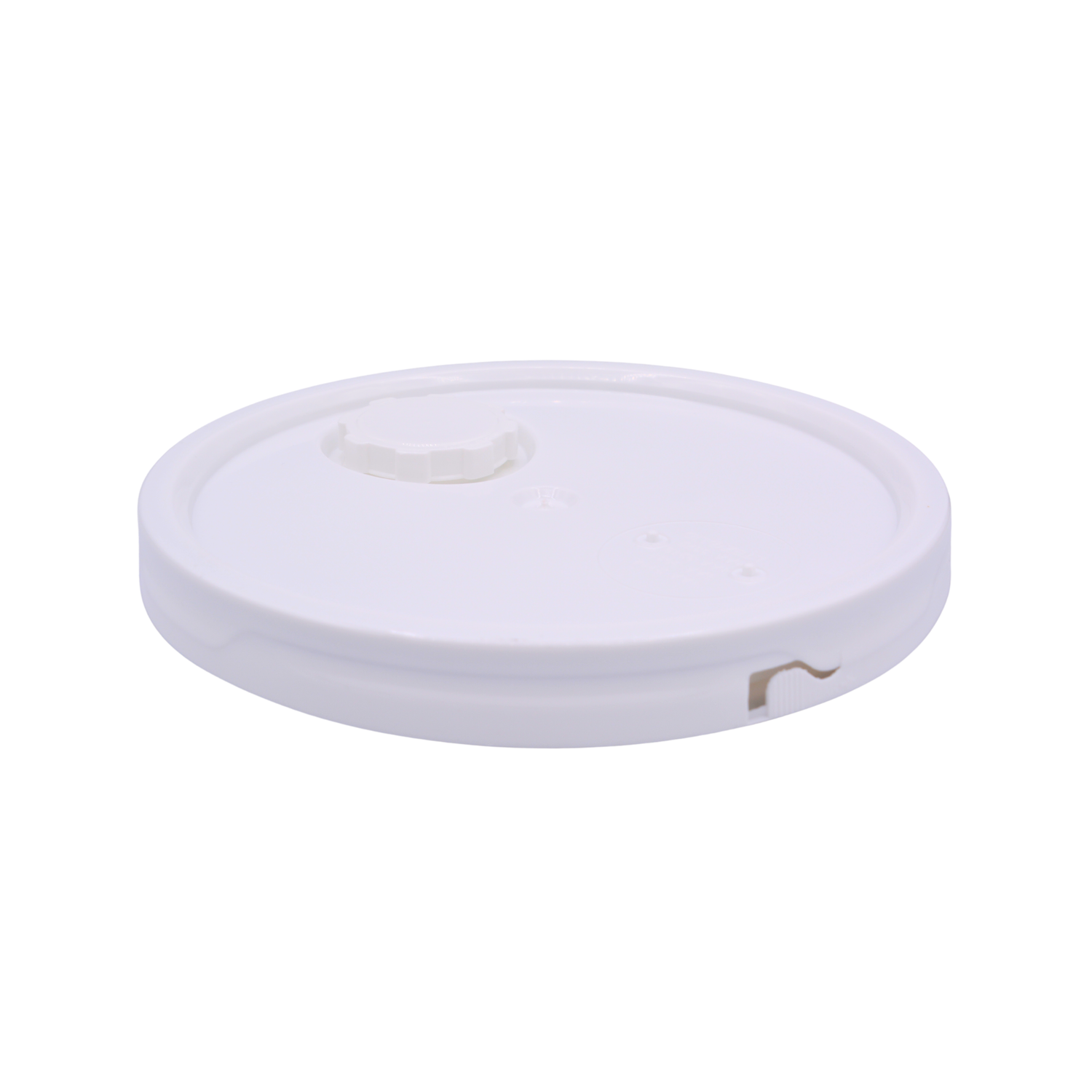 A white plastic bucket lid shown from a slight angle, featuring a small round removable cap near the edge and several circular raised rings molded into the center. The lid has evenly spaced rectangular locking slots around the rim.