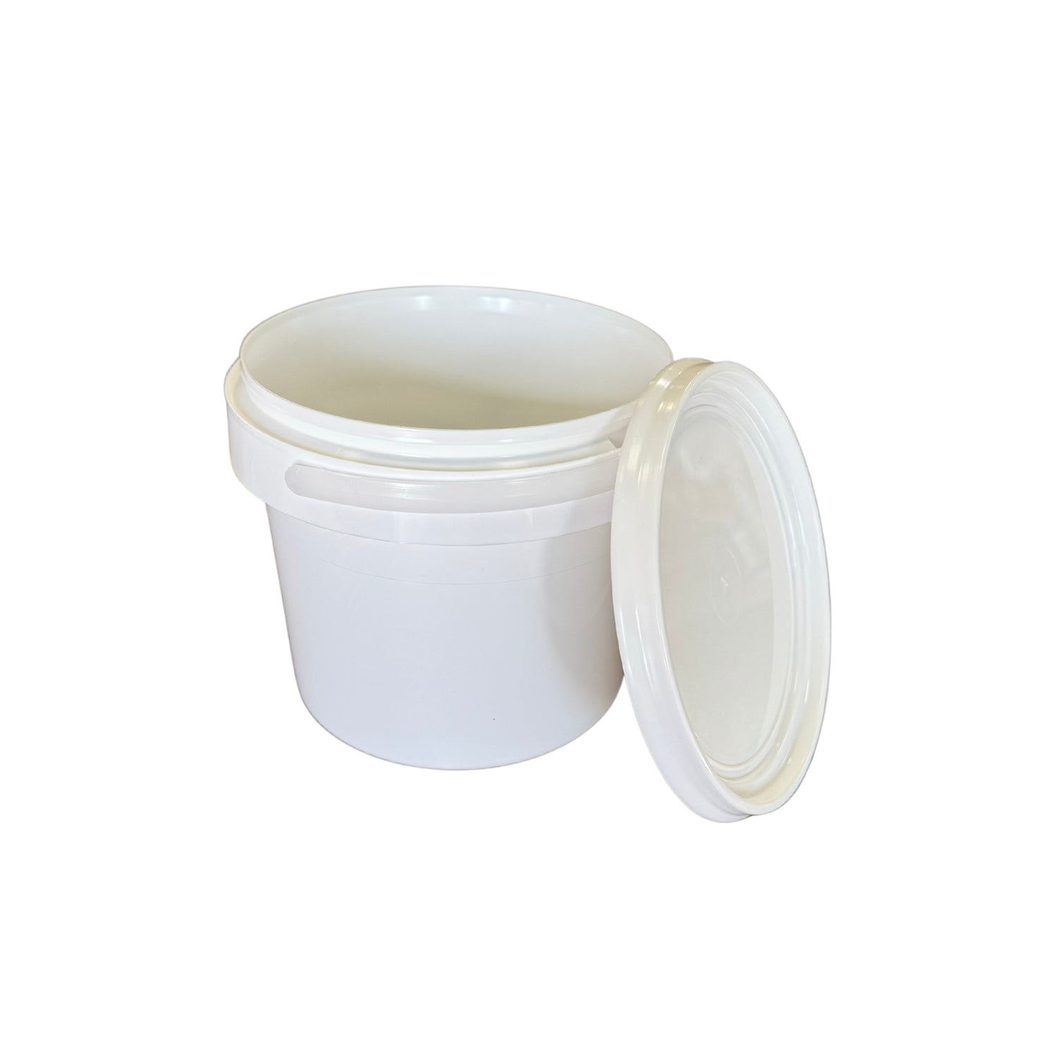 A white plastic tub with a matching lid leaning against it, shown on a plain white background.