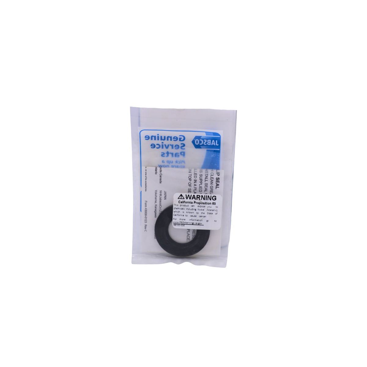 A small black circular rubber gasket sealed in a clear plastic package with a white and blue LABEL Genuine Service Parts label, shown on a plain white background.