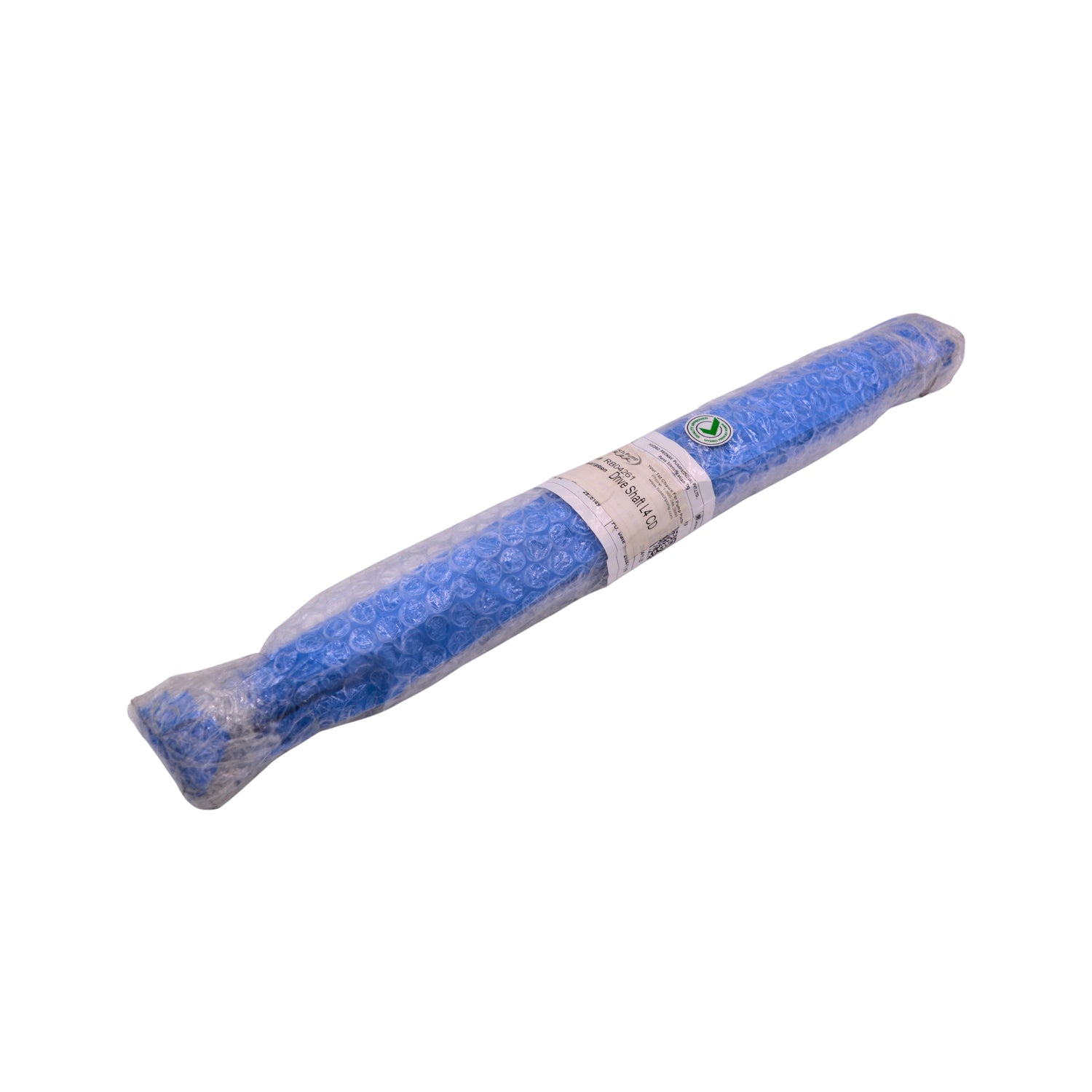 A blue driver shaft wrapped in clear plastic bubble wrap with a white paper label, shown diagonally on a plain white background