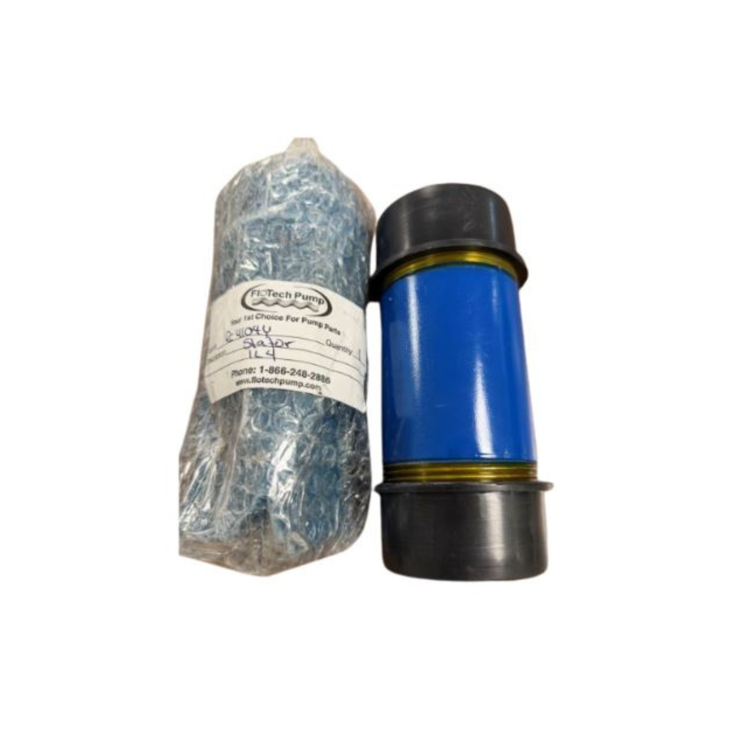 Blue cylindrical pump part with black top and bottom, next to a wrapped-up part on a white background