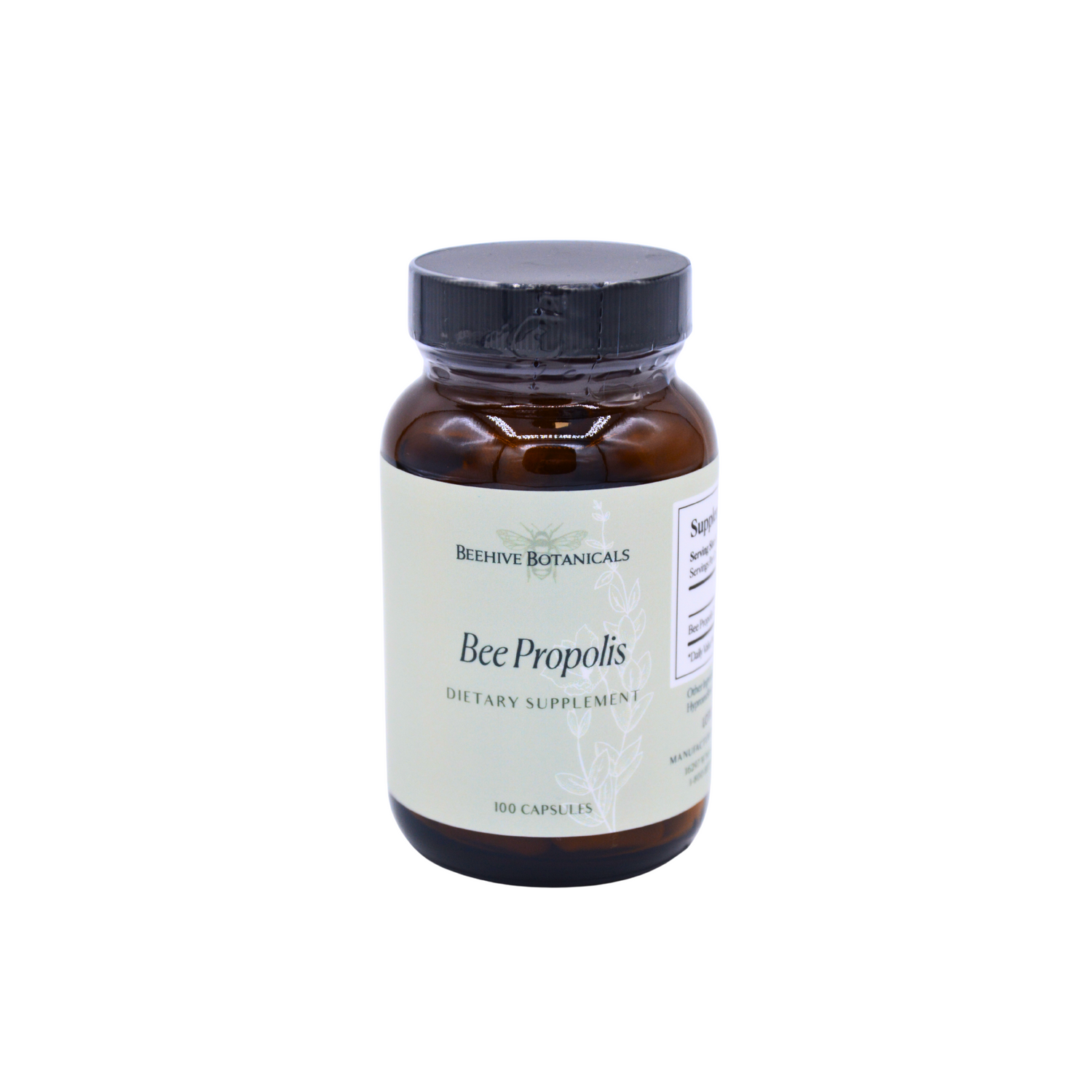 Bottle of Beehive Botanicals Bee Propolis dietary supplement from on a white background