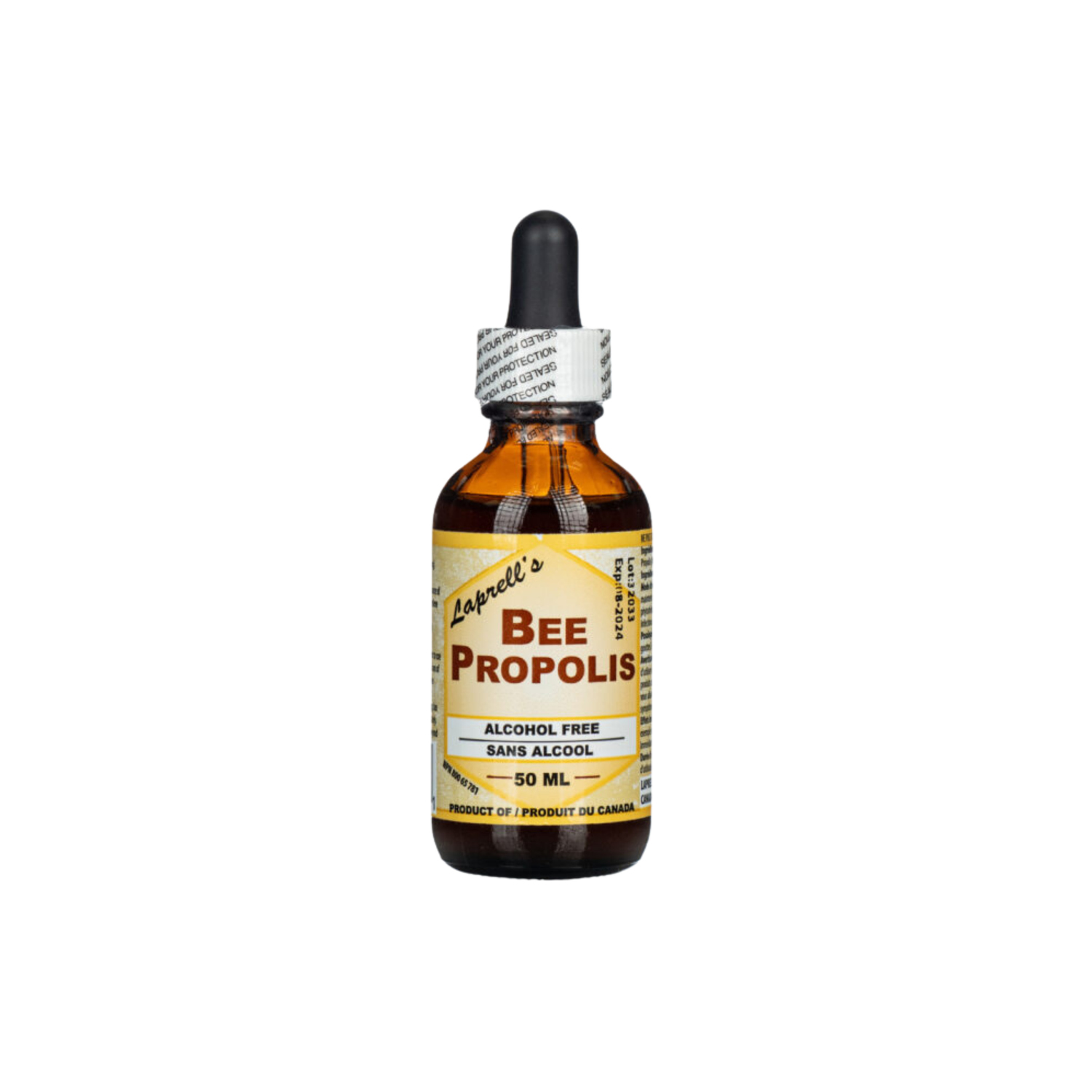 A glass bottle with a yellow label that reads Laprell's Bee Propolis on a white background