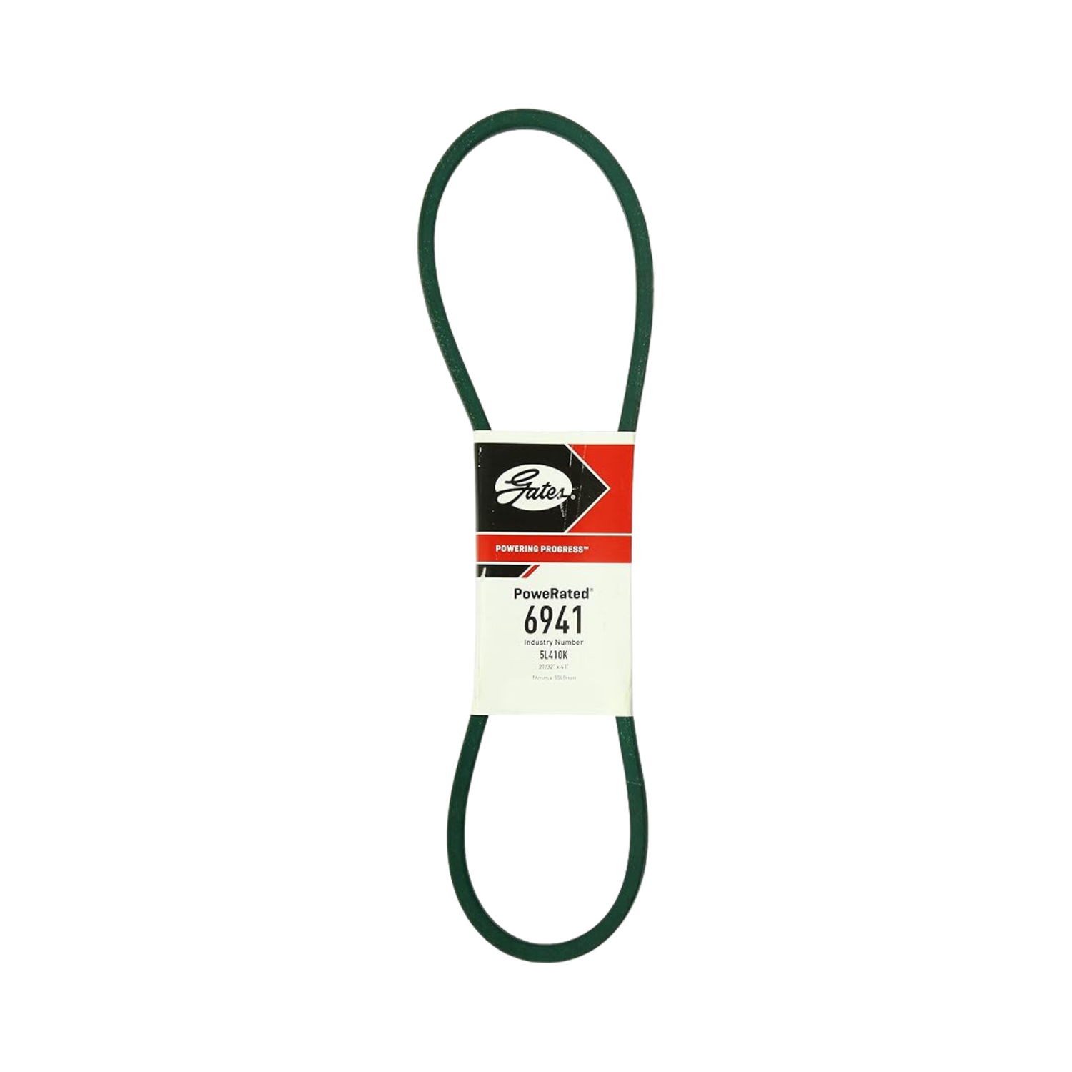 Green belt with a Gates PowerRated 6941 label on a white background