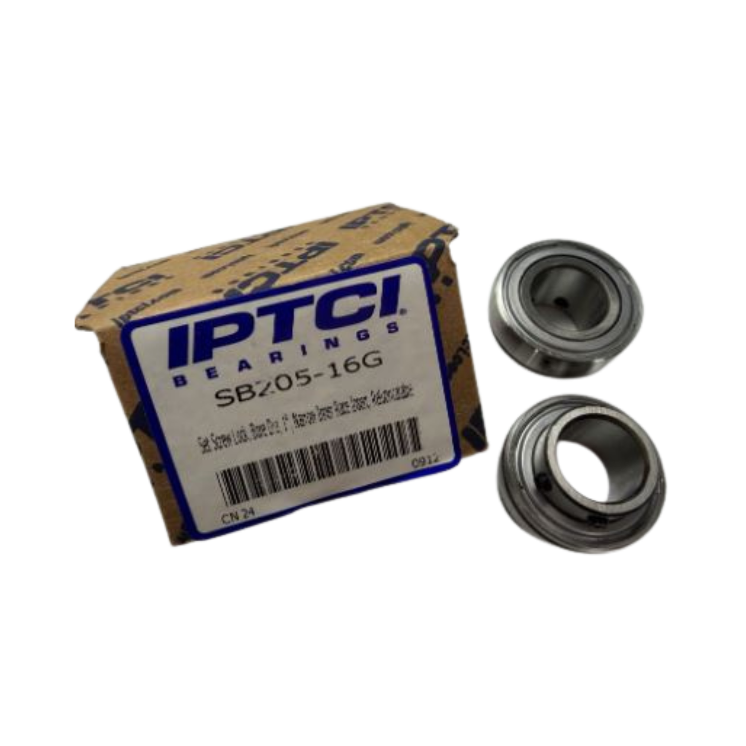IPTCI Bearings box with two metal bearings on a white background