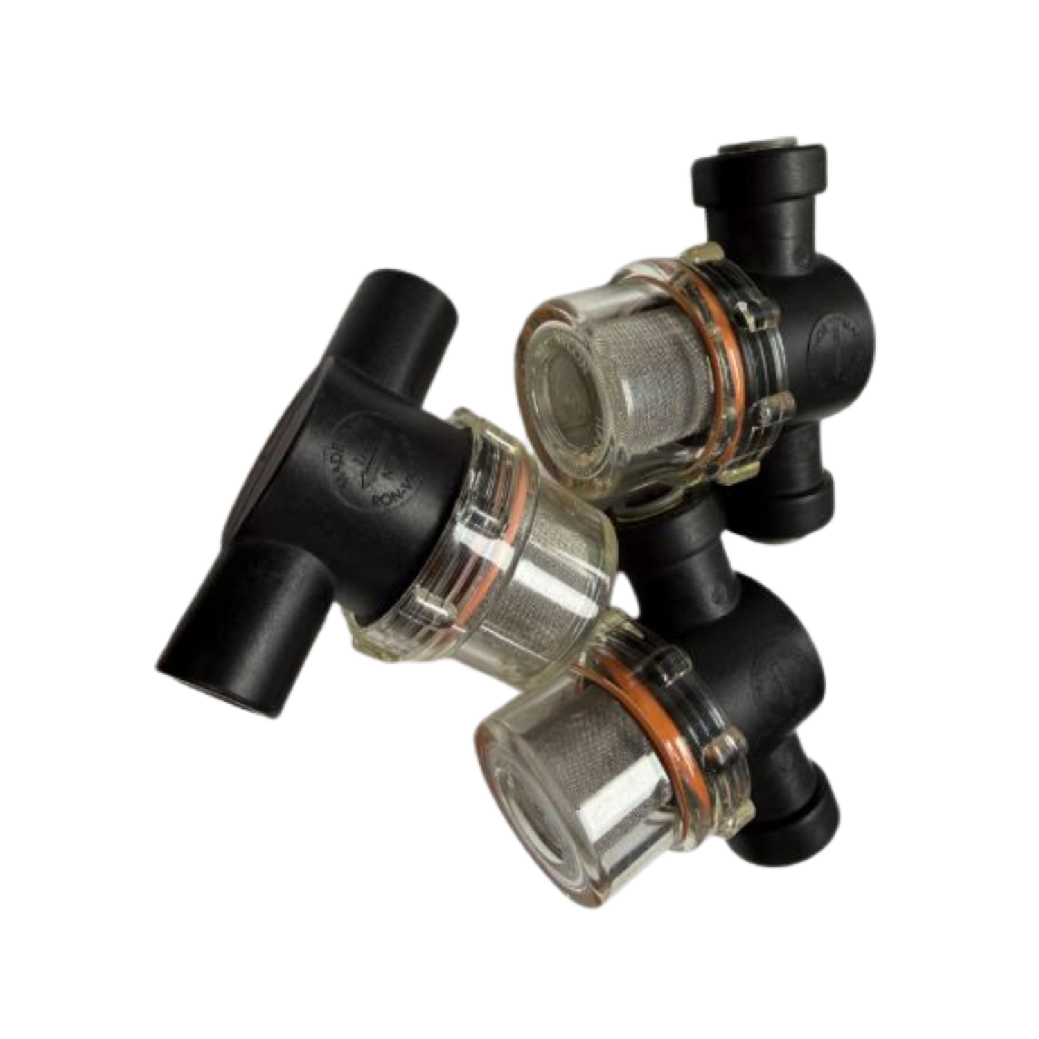 Three clear filters with black handles on a white background