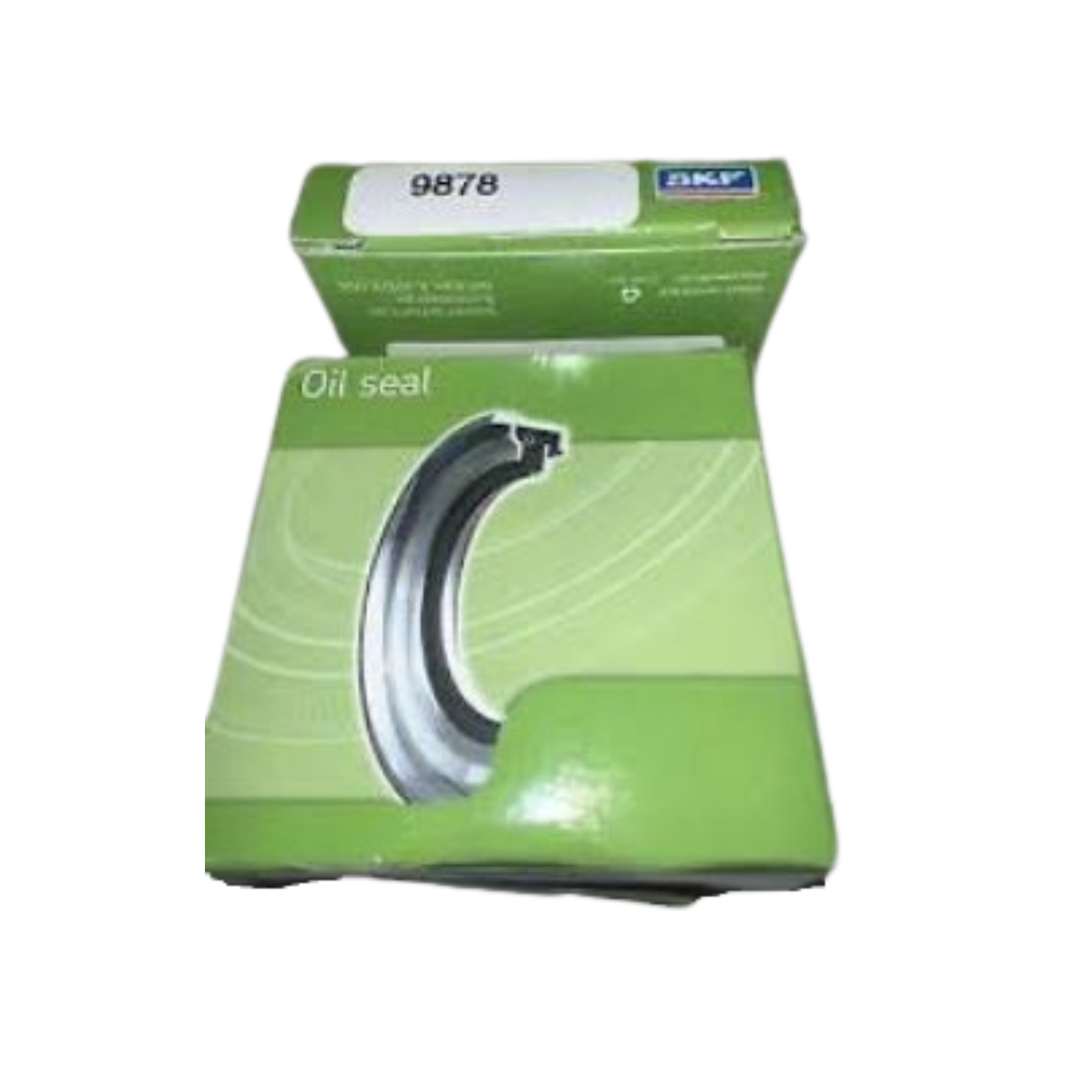 Oil seal packaging with green box on a white background