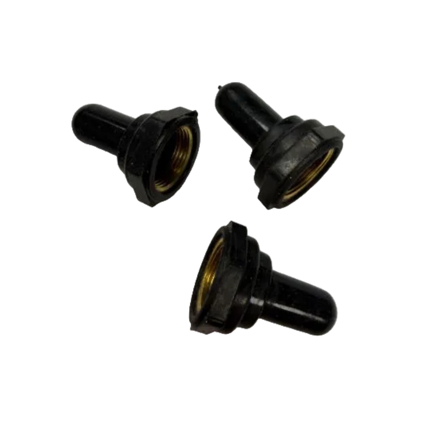 Three black rubber bushings with brass inner cores on a white background