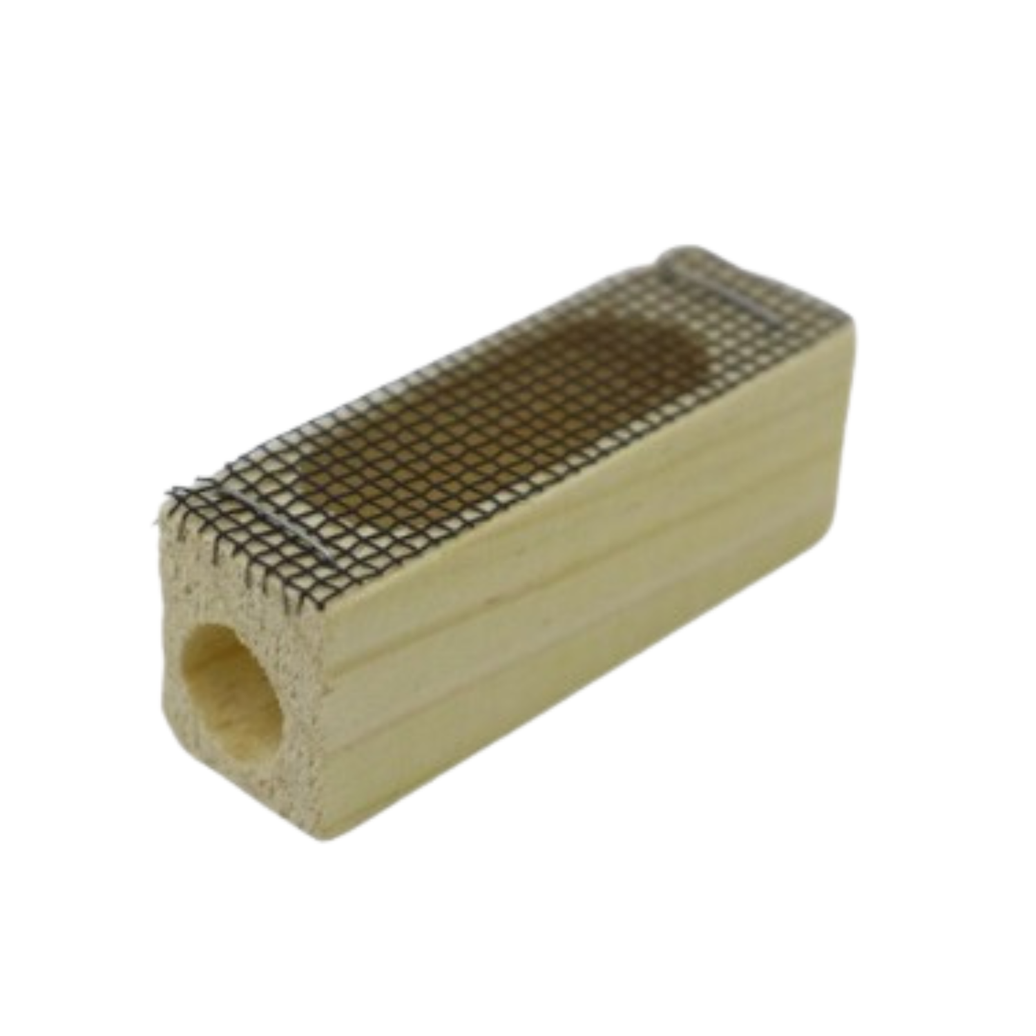 A small rectangular wooden block with a drilled tunnel through one end and a section of wire mesh covering an open recess on the top. The wood is light in color and the mesh is dark and tightly woven.