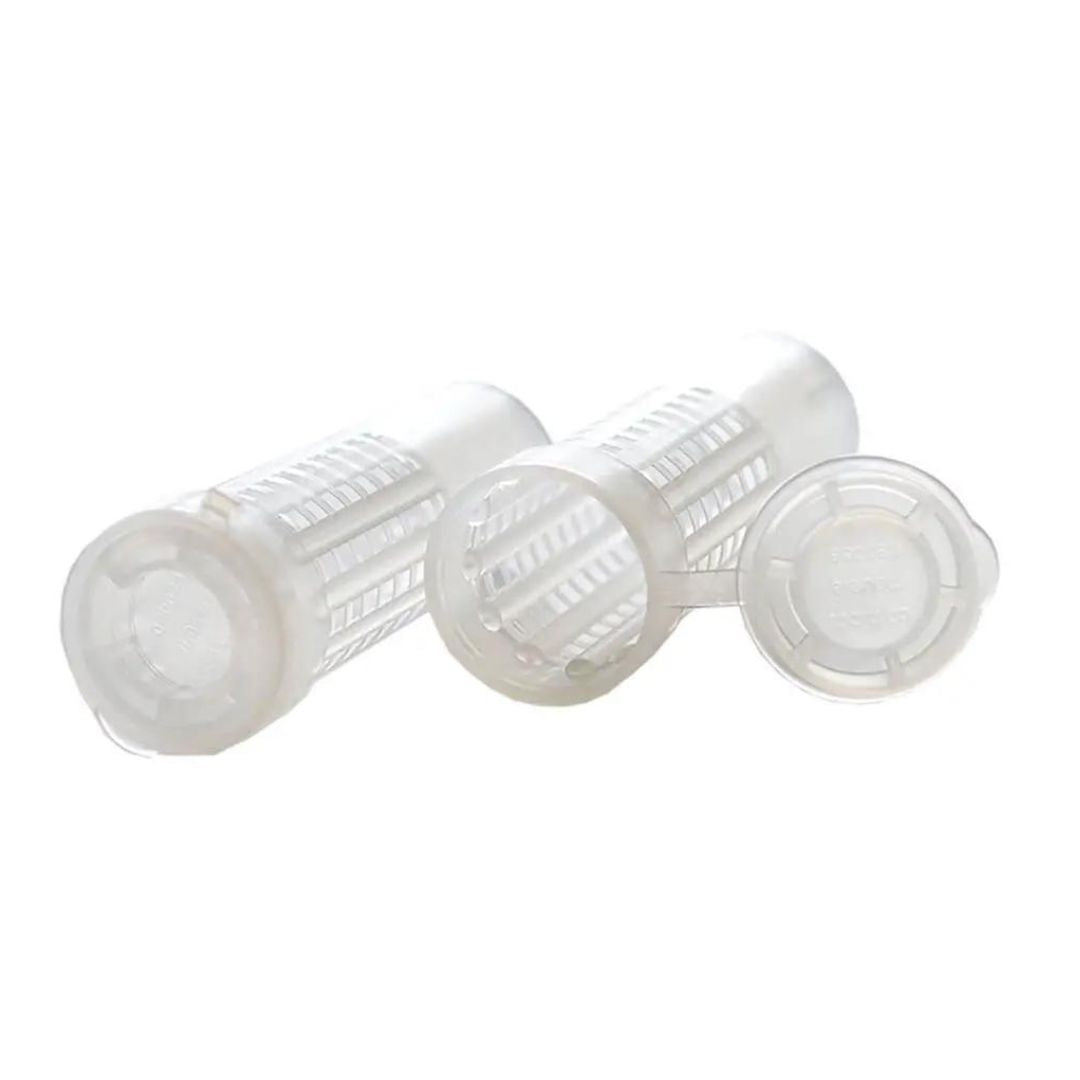 A set of transparent, cylindrical plastic queen cages with snap-top caps, designed for safely containing queen bees during hive inspections or transportation on a white background