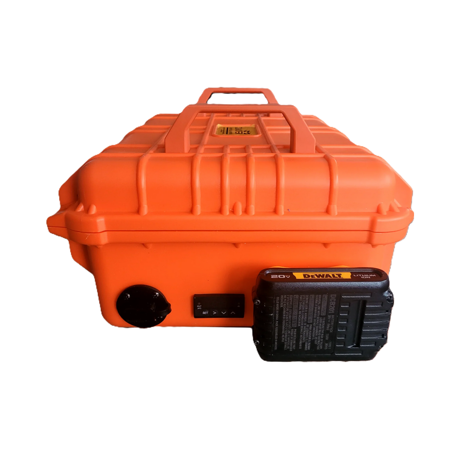 An orange, 150-cell queen cell carrier and incubator that uses a Dewalt battery (battery not included) for power on a white background