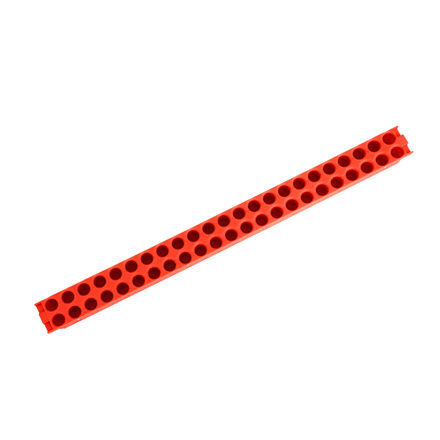 A red holder designed for shipping or banking up to 46 queen cages in beekeeping on a white background.
