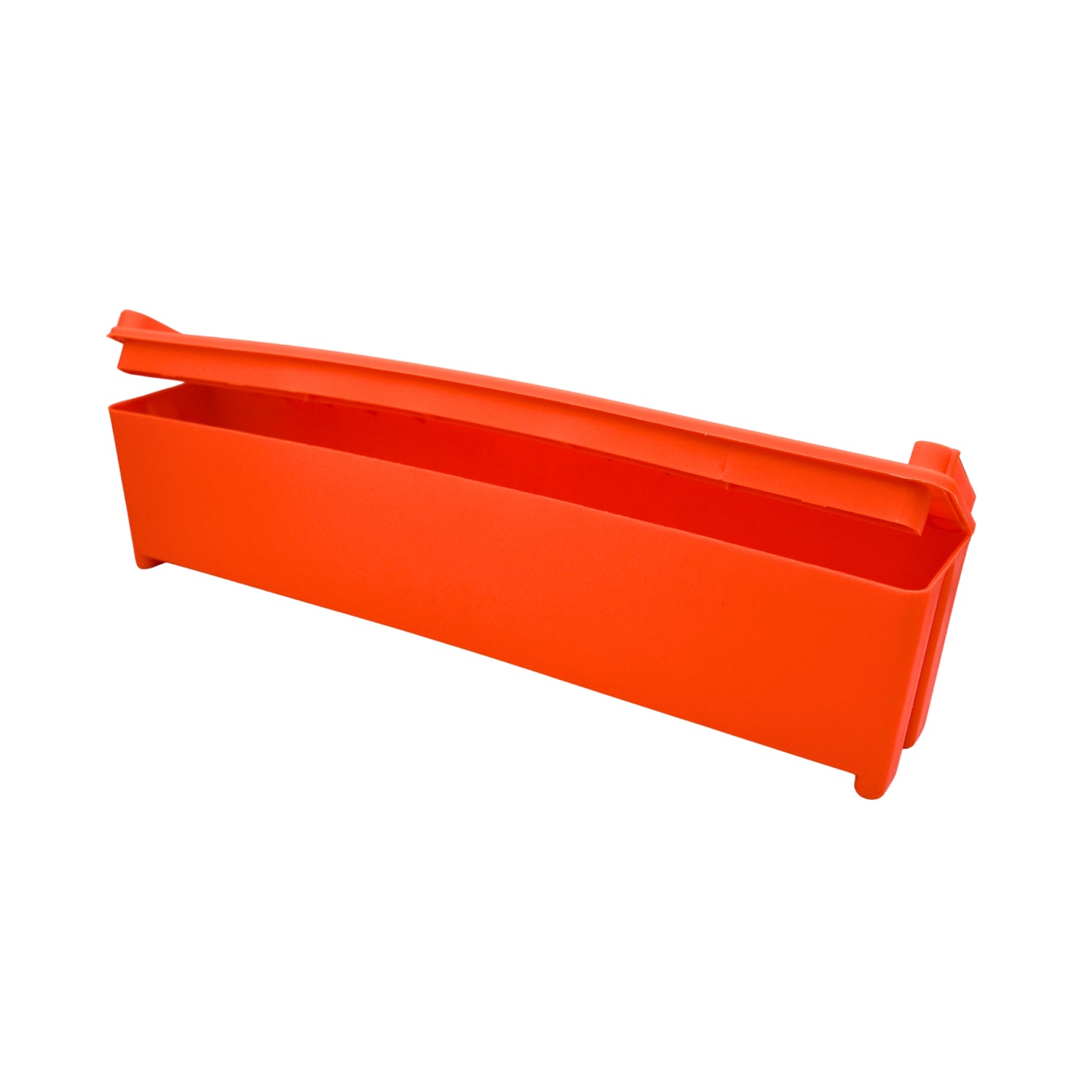 A large red battery box designed to hold queen cages for beekeeping, with ventilation holes and a compartment for food and water.