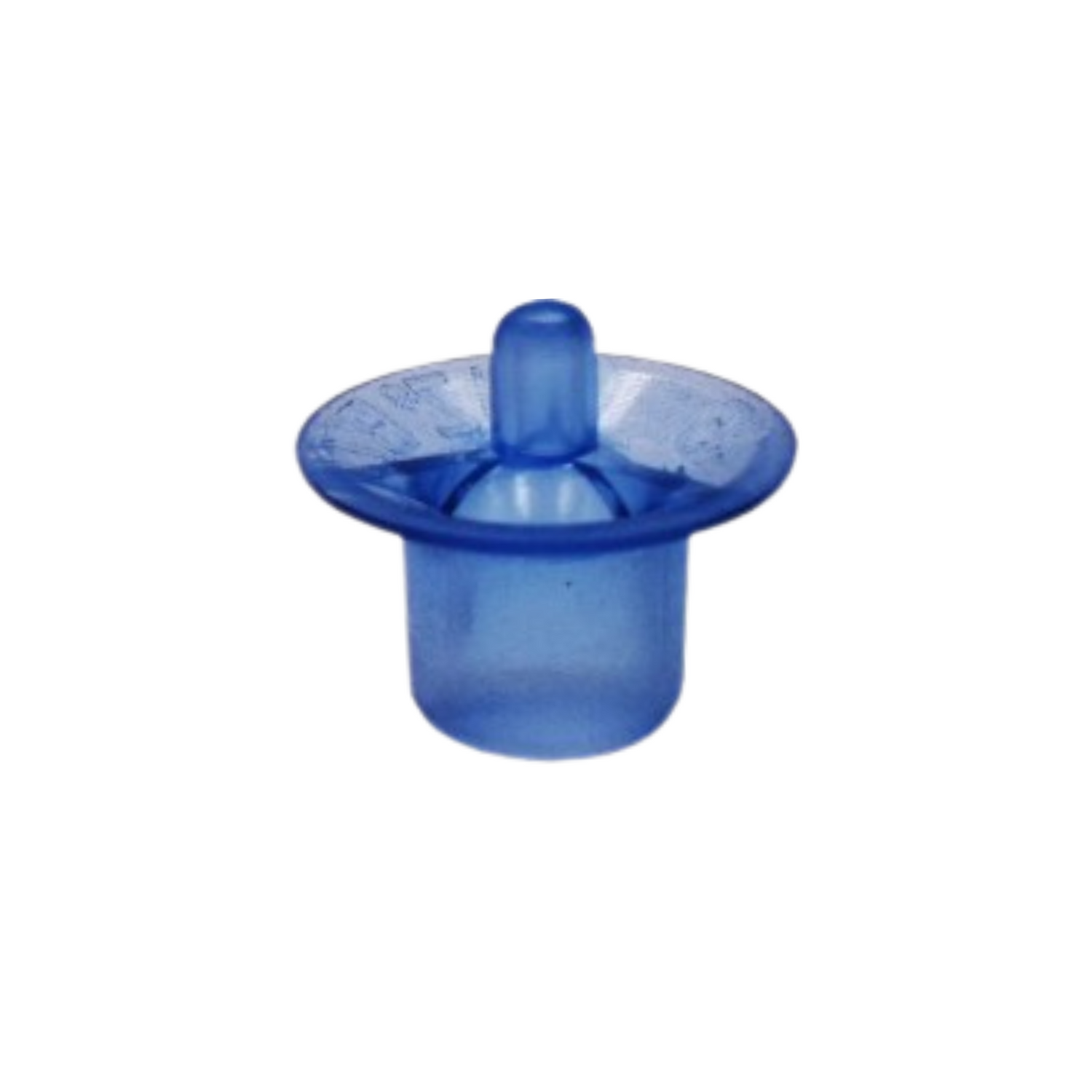 A blue plastic queen cell cup used in queen rearing on a white background.