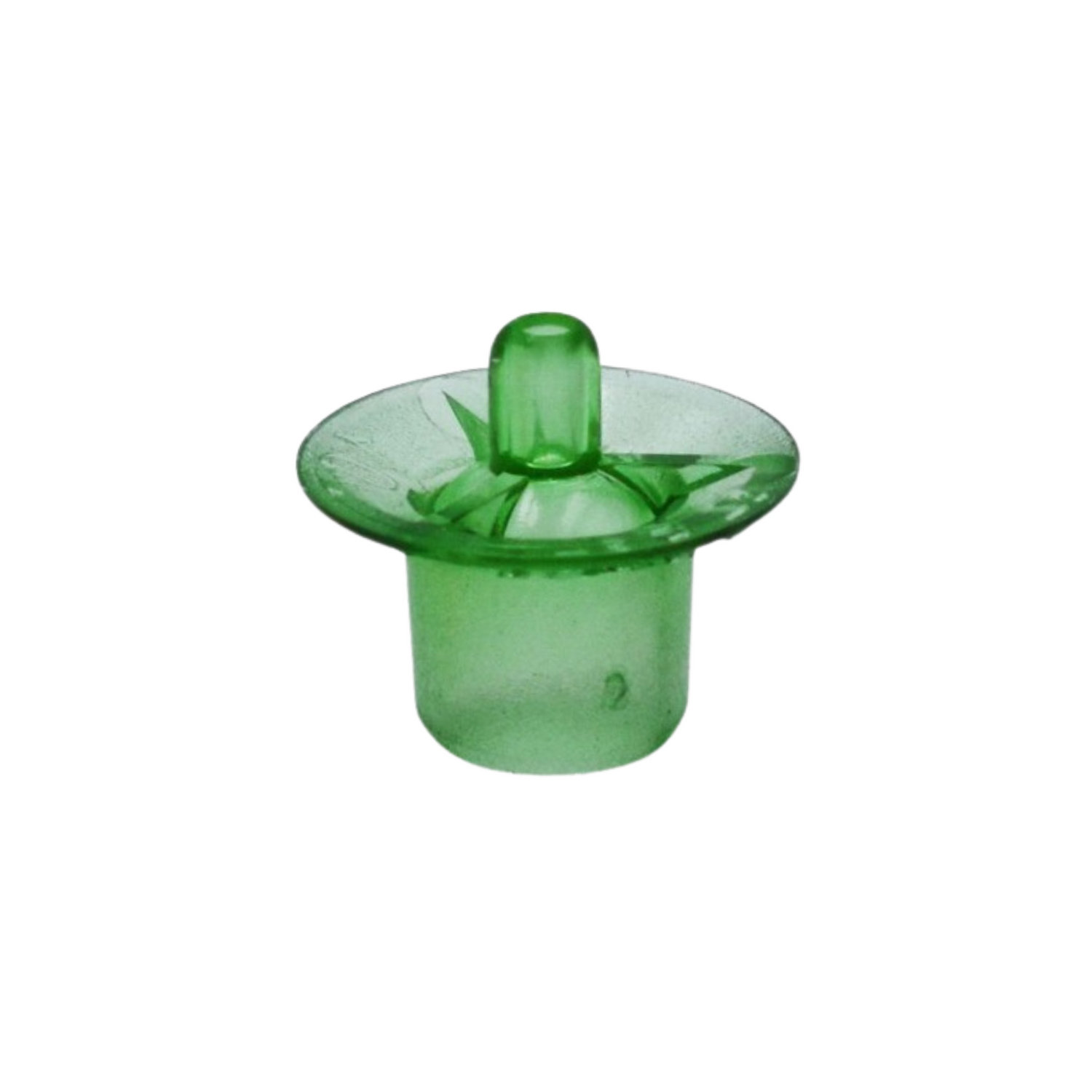 A green plastic queen cell cup used in queen rearing on a white background.