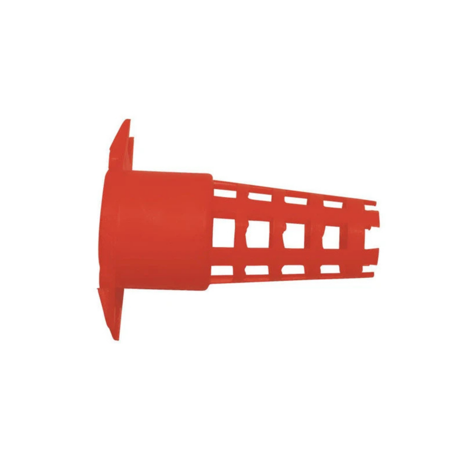 A red, plastic cone-shaped screen, designed to be used over the queen cells in queen rearing, on a white background.