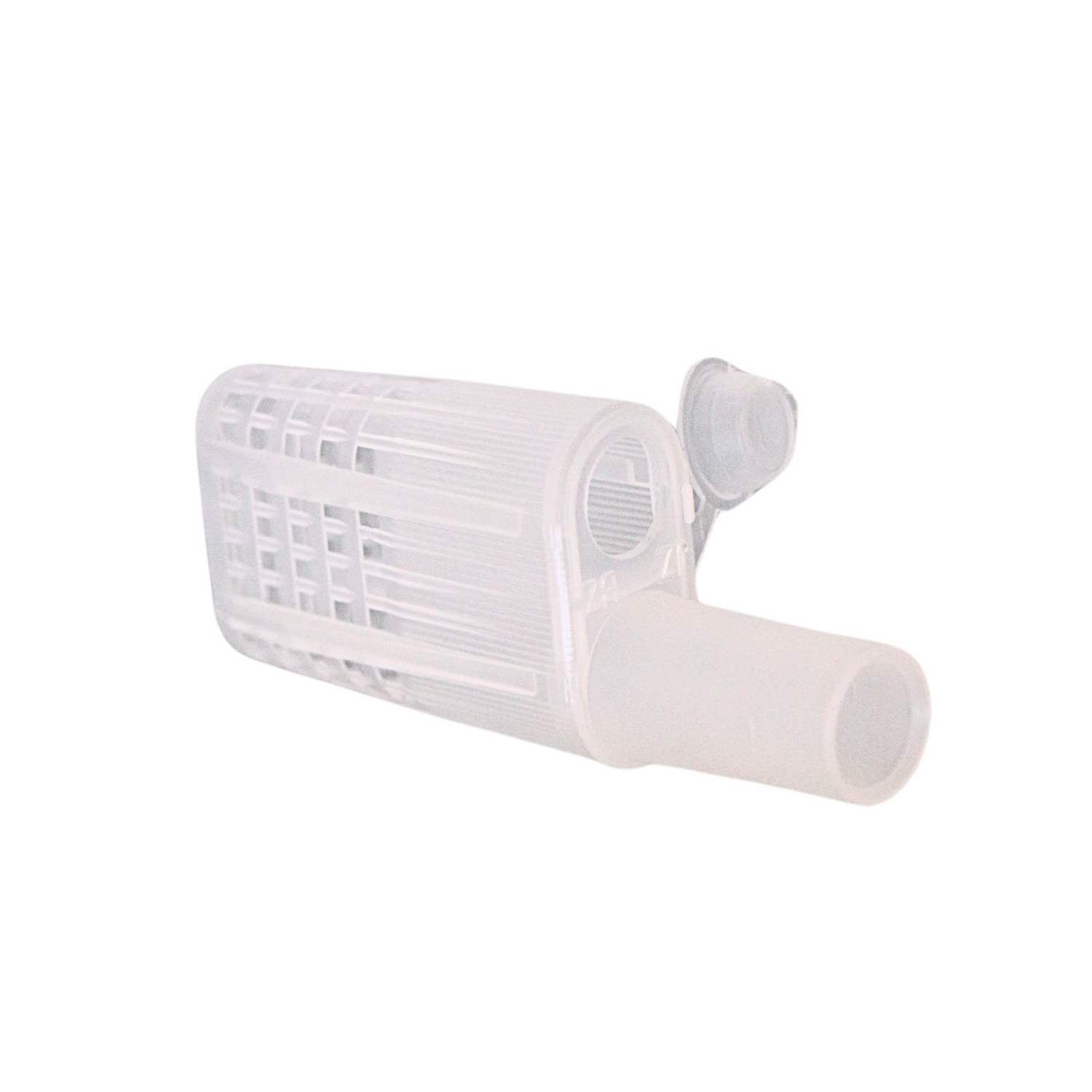 A clear, plastic queen cage with an integrated pheromone scent to improve colony acceptance, on a white background.