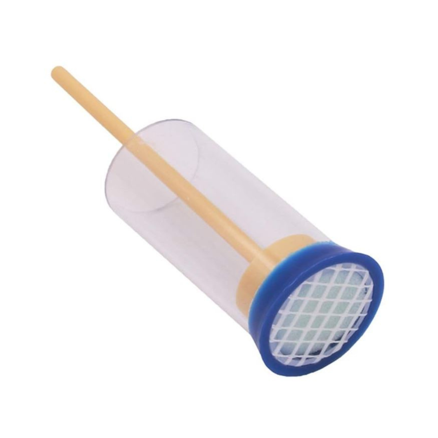 Clear cylindrical container plunger with blue rim and mesh on a white background used for queen handling