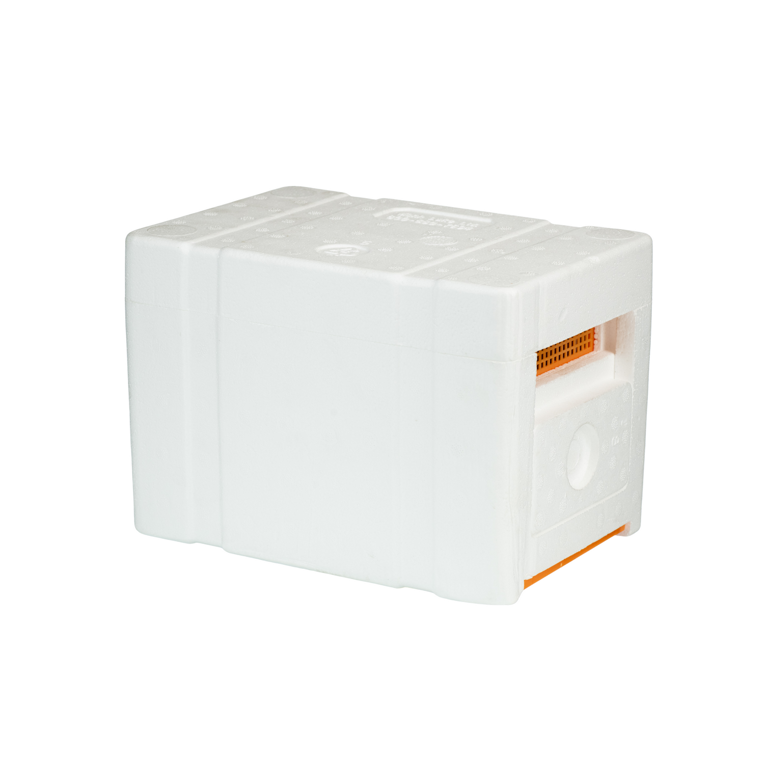 A white, Styrofoam nuc box with the top latched, displaying the ventilation, on a white background