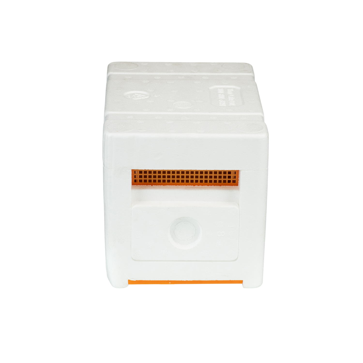 A white, Styrofoam nuc box with the top latched, displaying the ventilation, on a white background