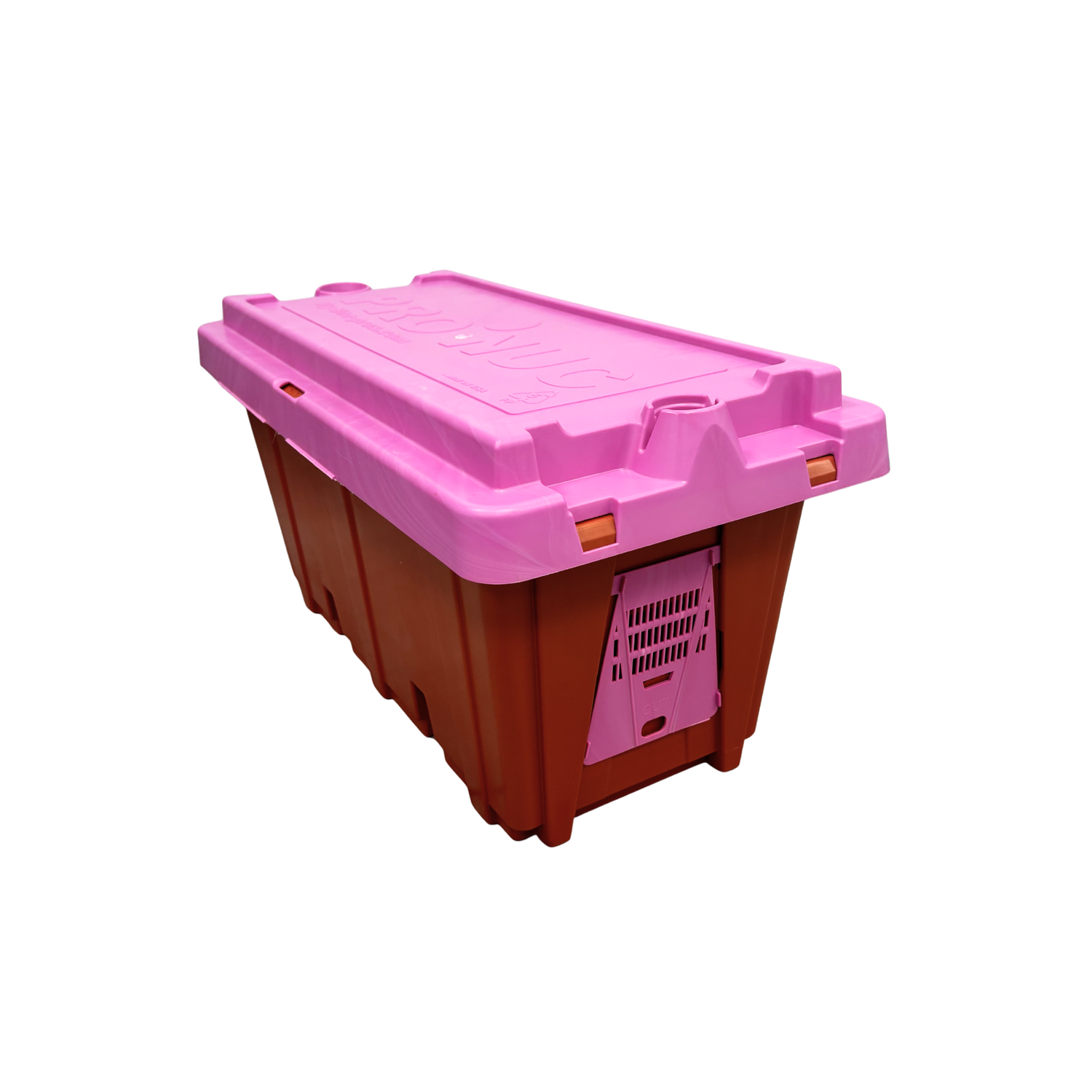 A 5-frame pro nuc with a maroon base and pink lid and accents on a white background