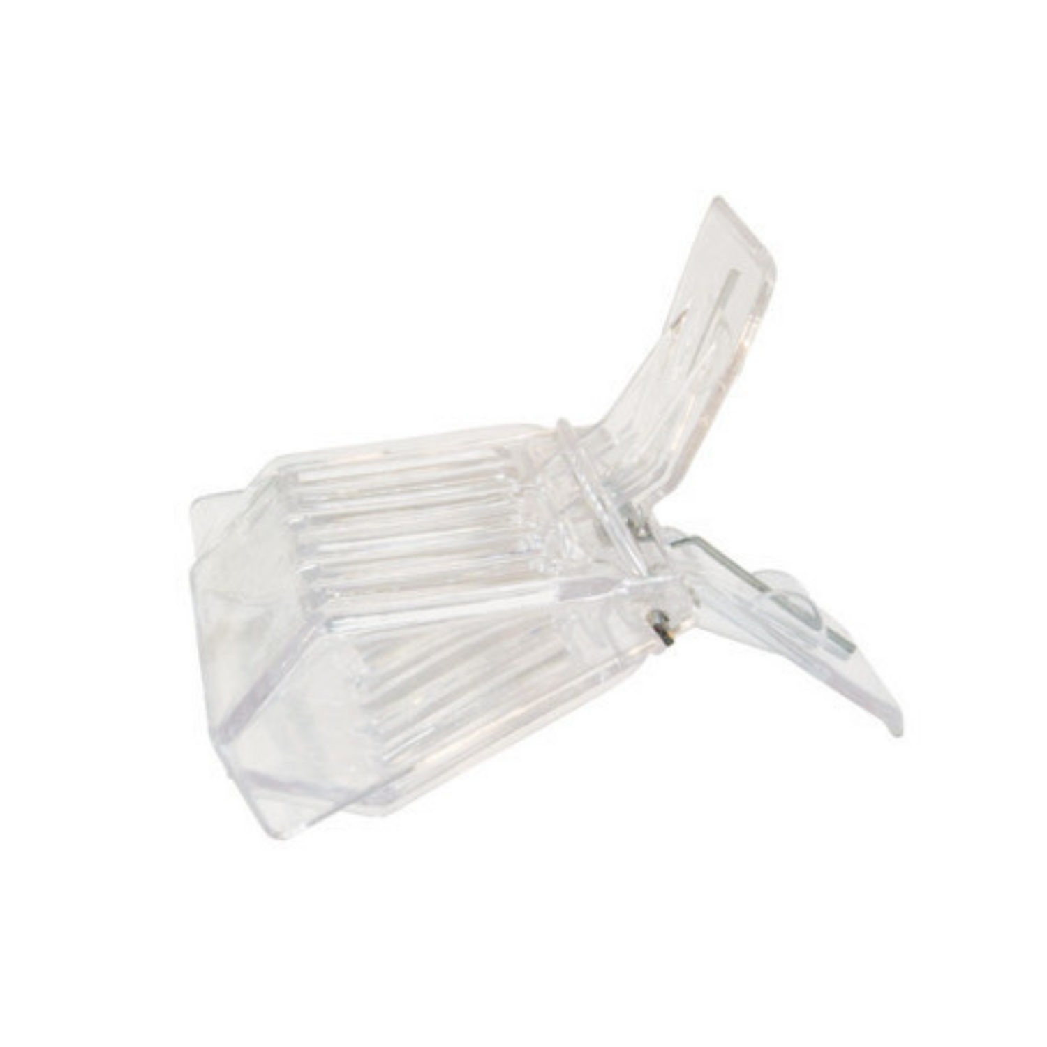 A clear, plastic queen catcher used during beekeeping on a white background