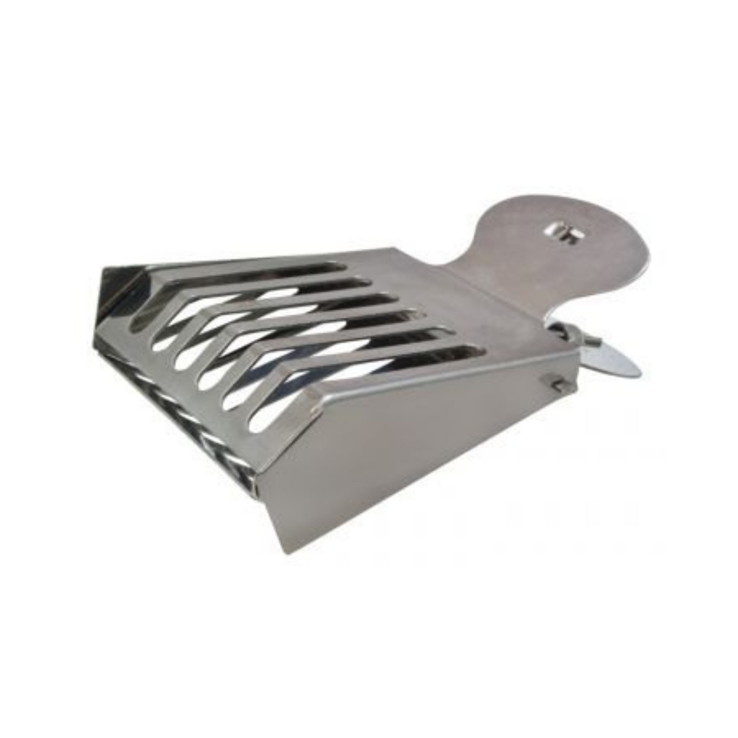 A stainless-steel queen excluder used in beekeeping on a white background