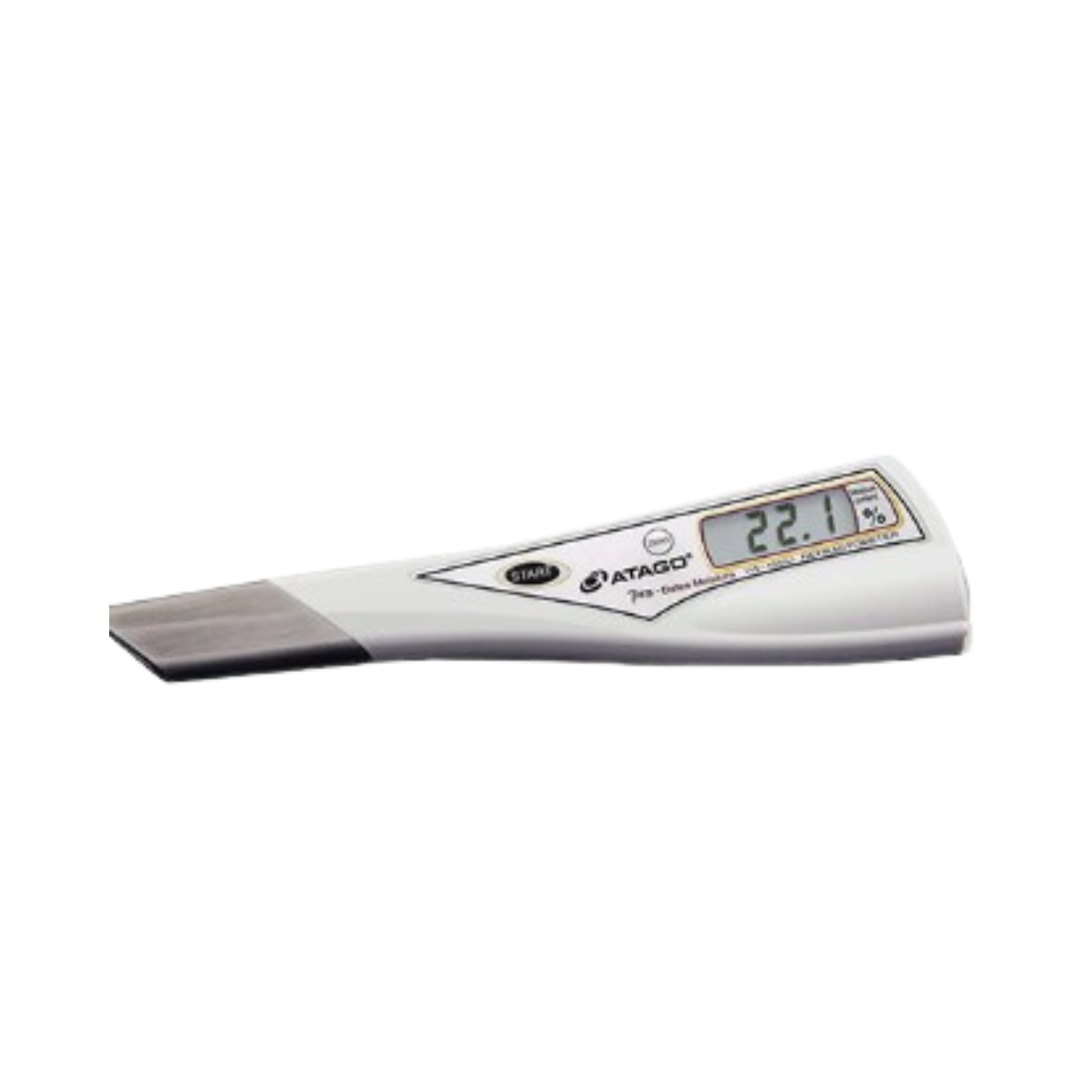 Digital thermometer with a white handle and digital display on a white background
